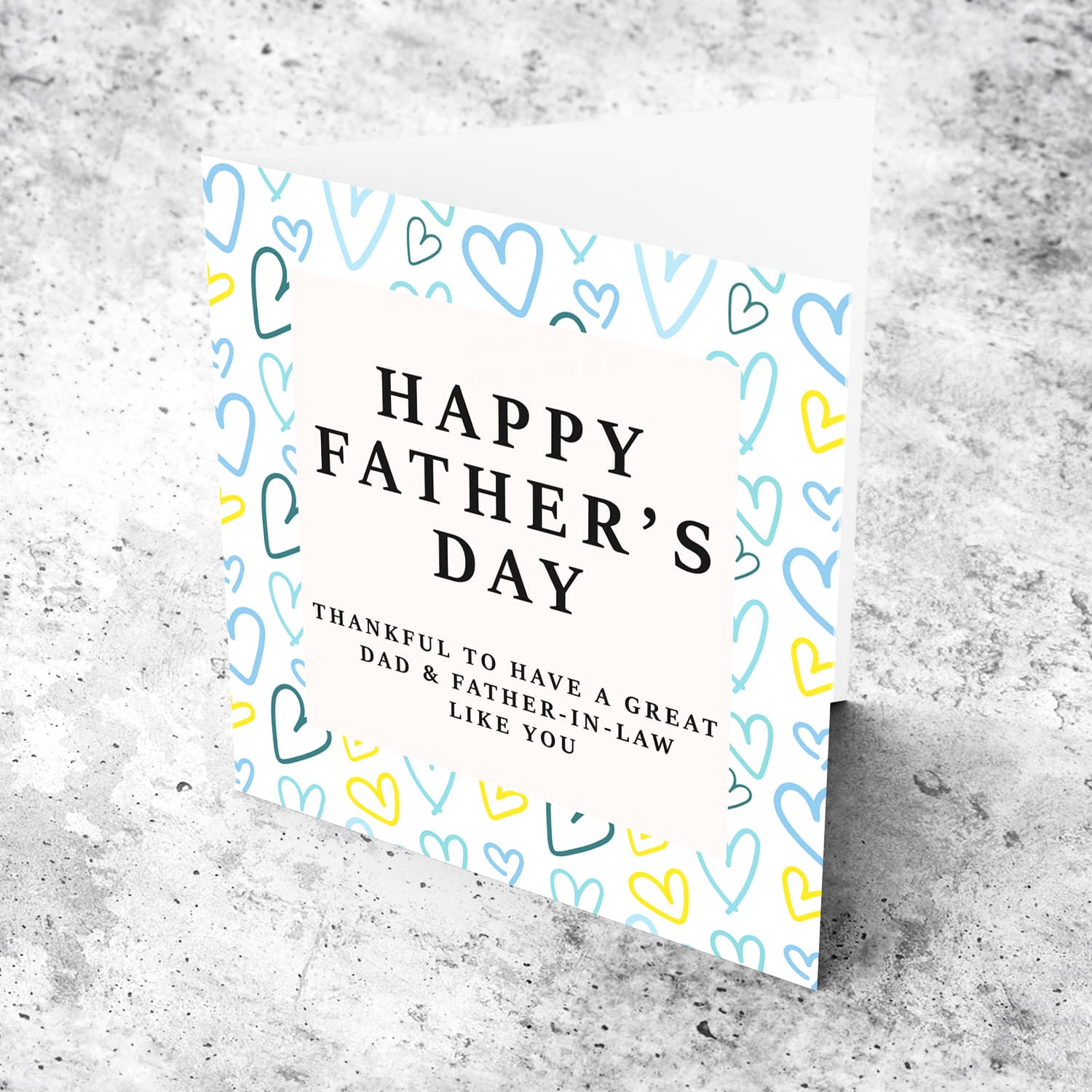 A beautiful father's day card for dad & father-in-law, featuring a heart themed background in English