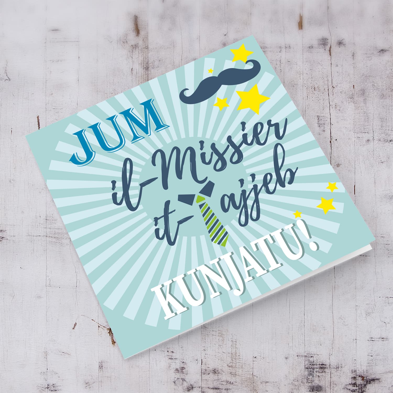 Father's Day card for Father-in-law with light green background, moustache and yellow stars in Maltese