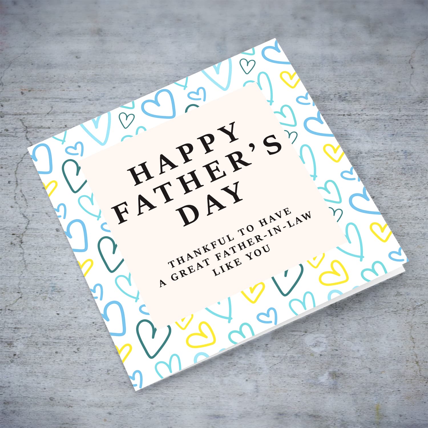 A beautiful father's day card for father-in-law, featuring a heart themed background in English