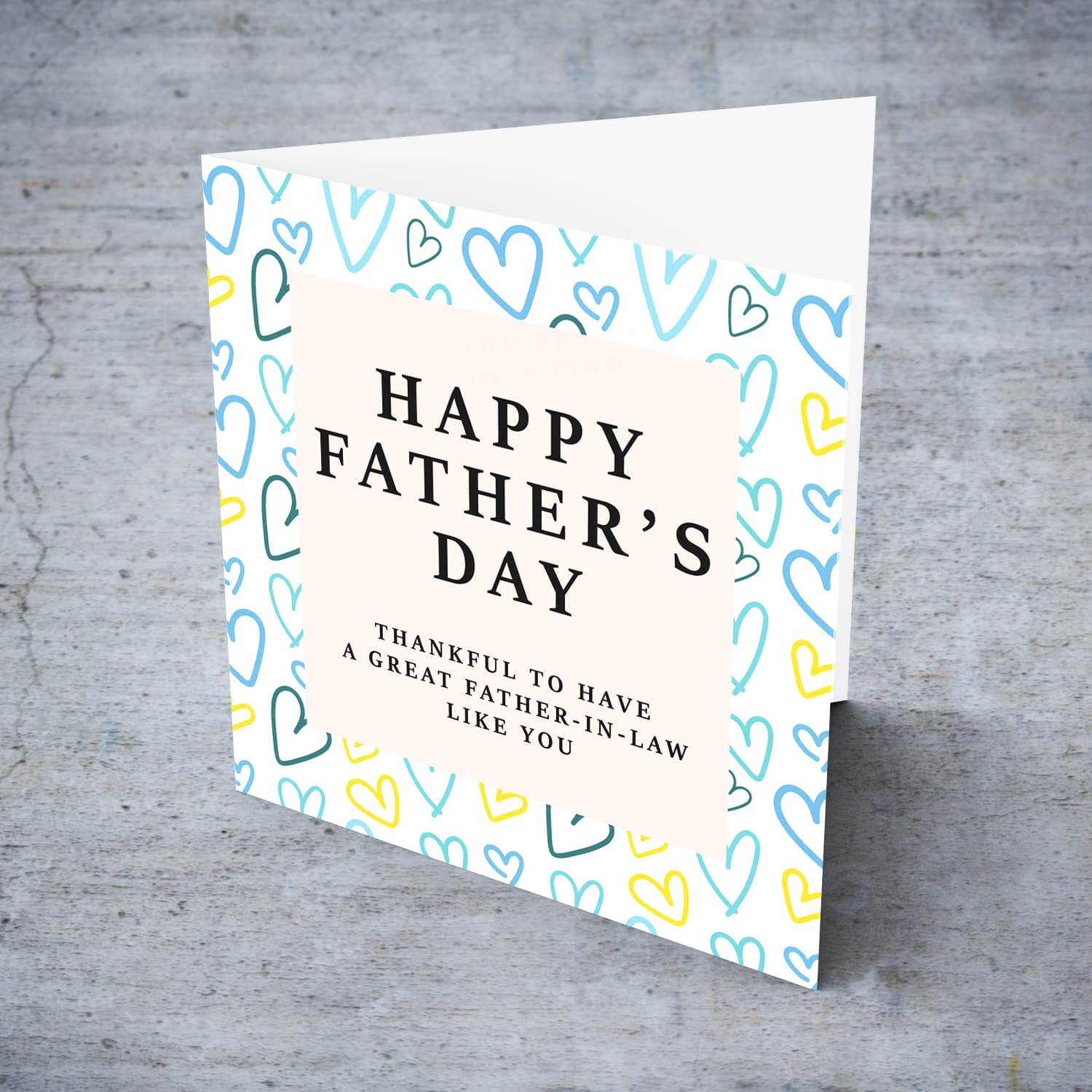 A beautiful father's day card for father-in-law, featuring a heart themed background in English