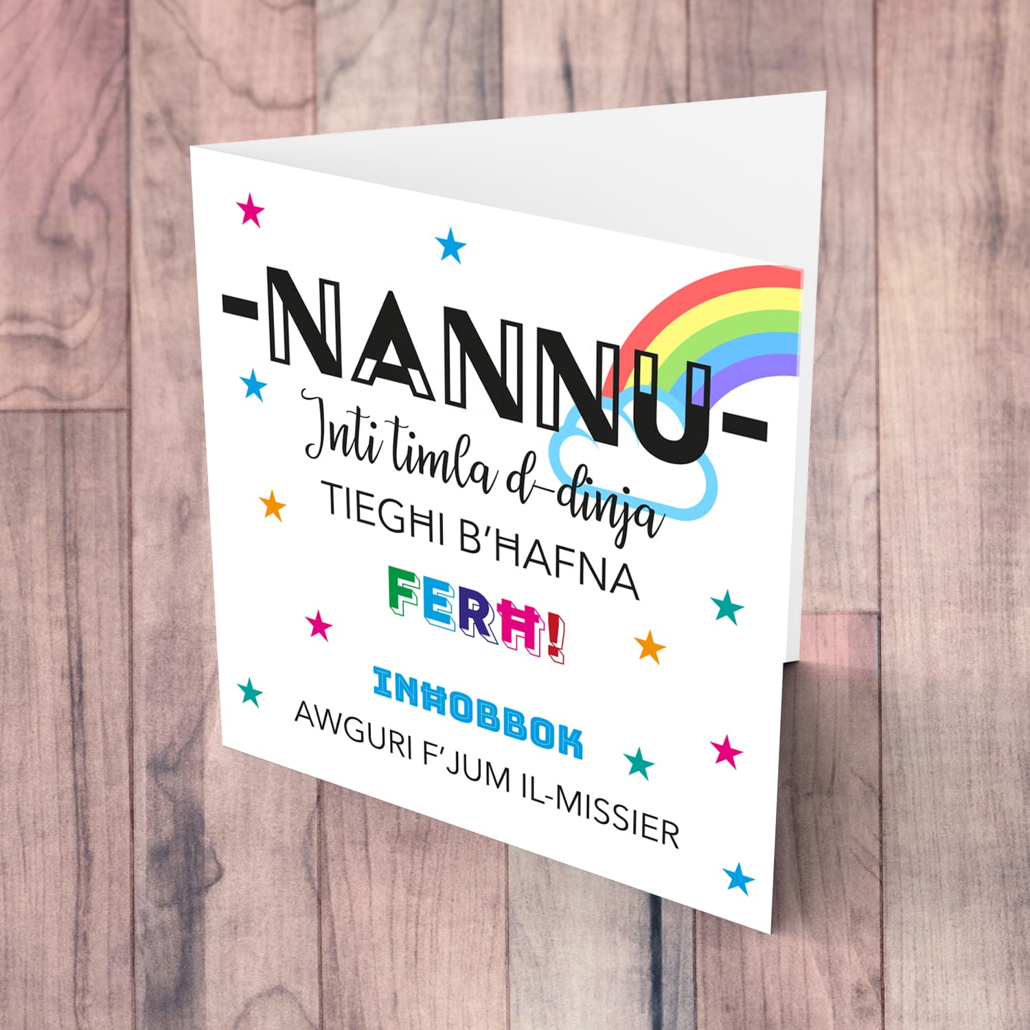 Rainbow and colourful father's day car for Nannu in Maltese (singular)