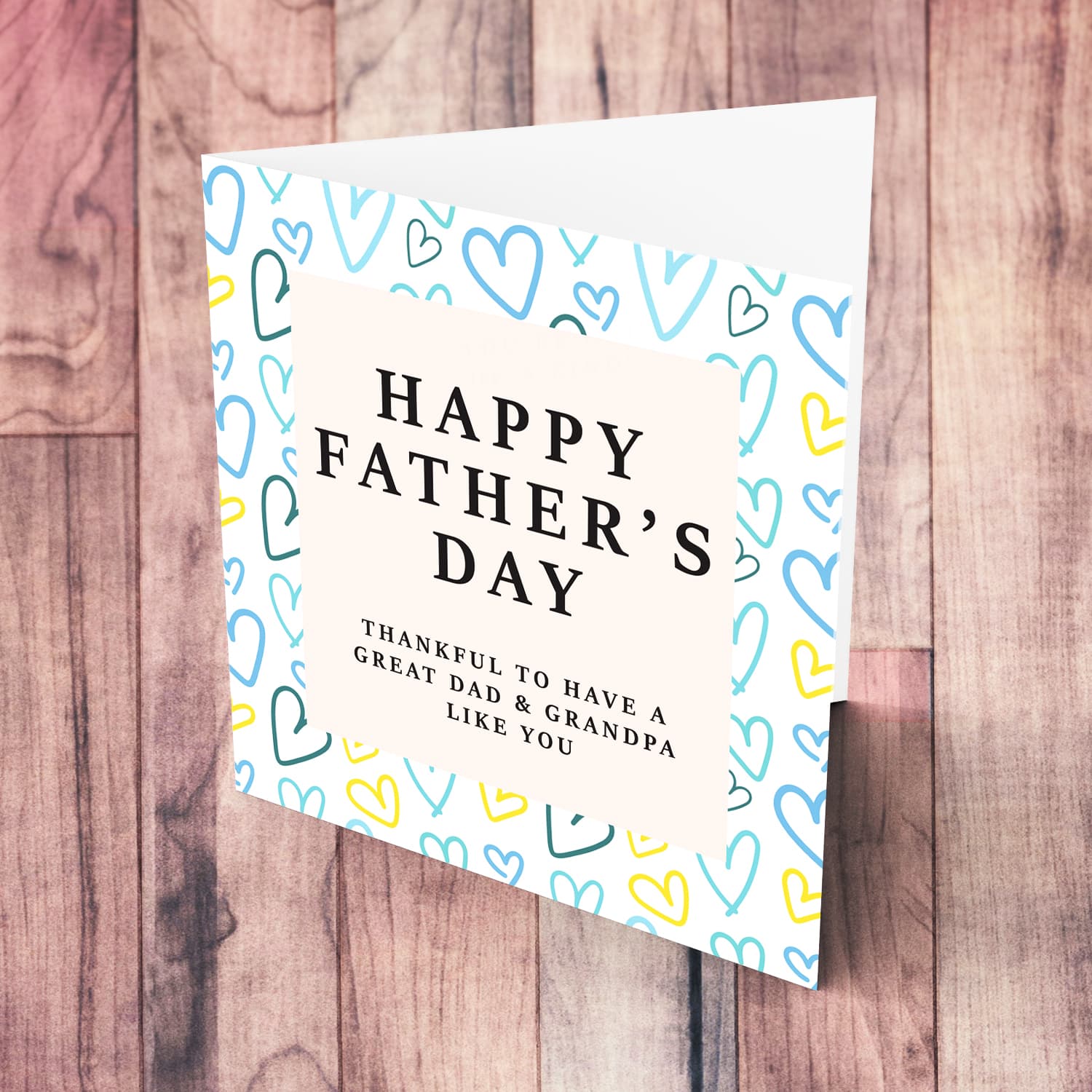 A beautiful father's day card for dad & grandpa, featuring a heart themed background in English