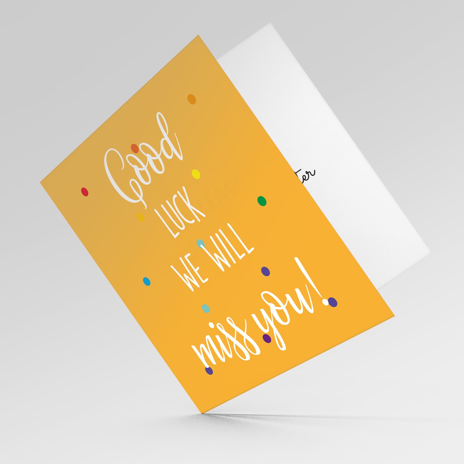 Orange background with various coloured dots Farewell card in English