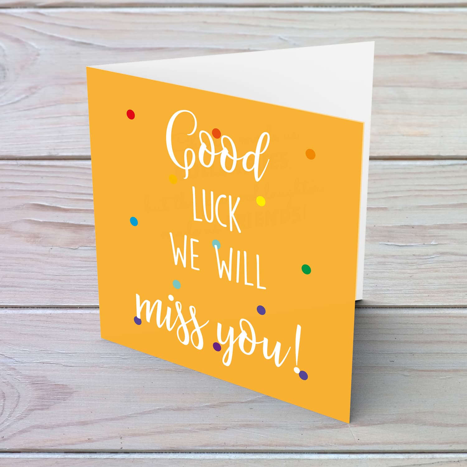 Orange background with various coloured dots Farewell card in English