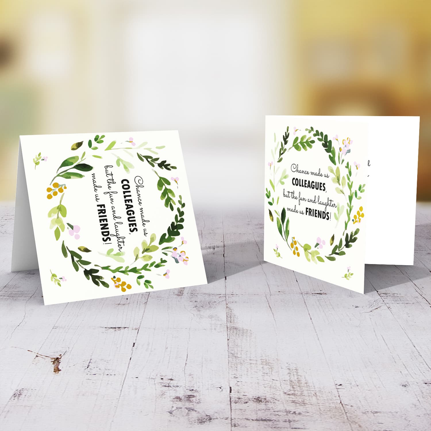 Farewell / good luck card with floral wreath in pink and gold tones in English