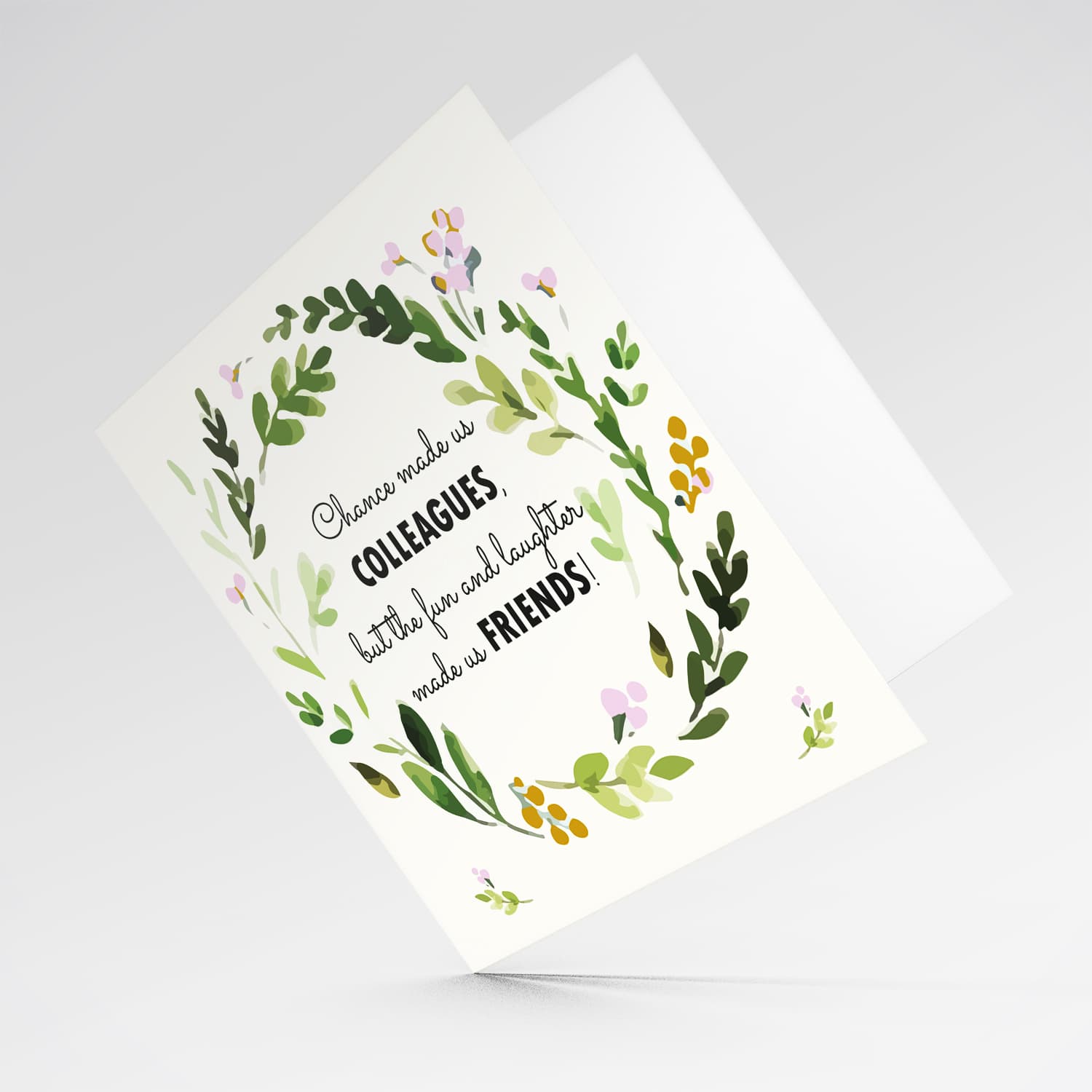 Farewell / good luck card with floral wreath in pink and gold tones in English