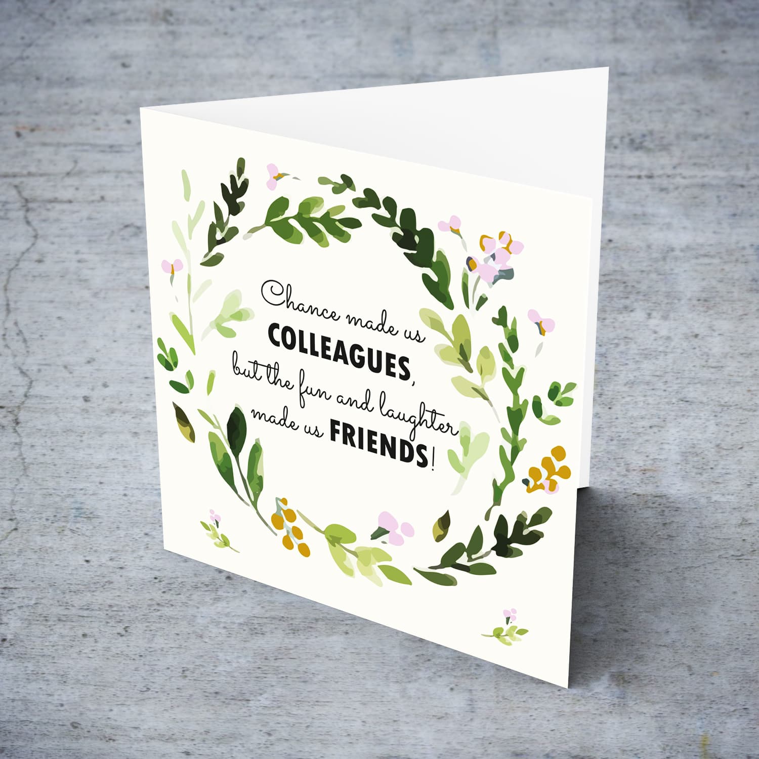 Farewell / good luck card with floral wreath in pink and gold tones in English
