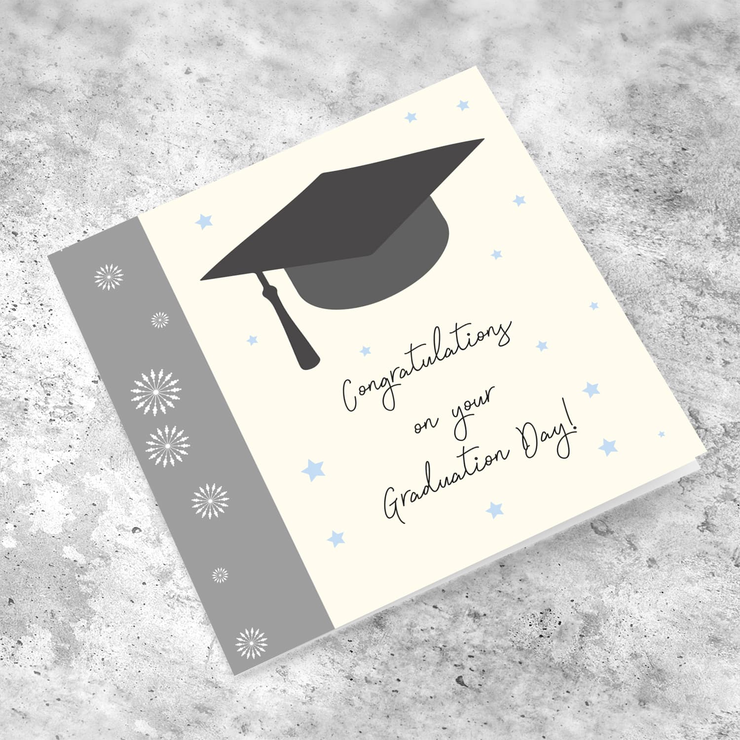 Graduation hat card with blue stars in English