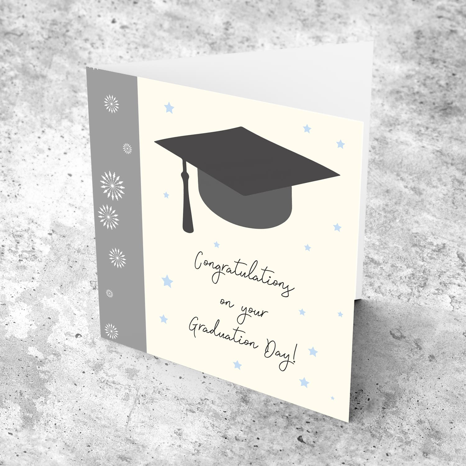 Graduation hat card with blue stars in English