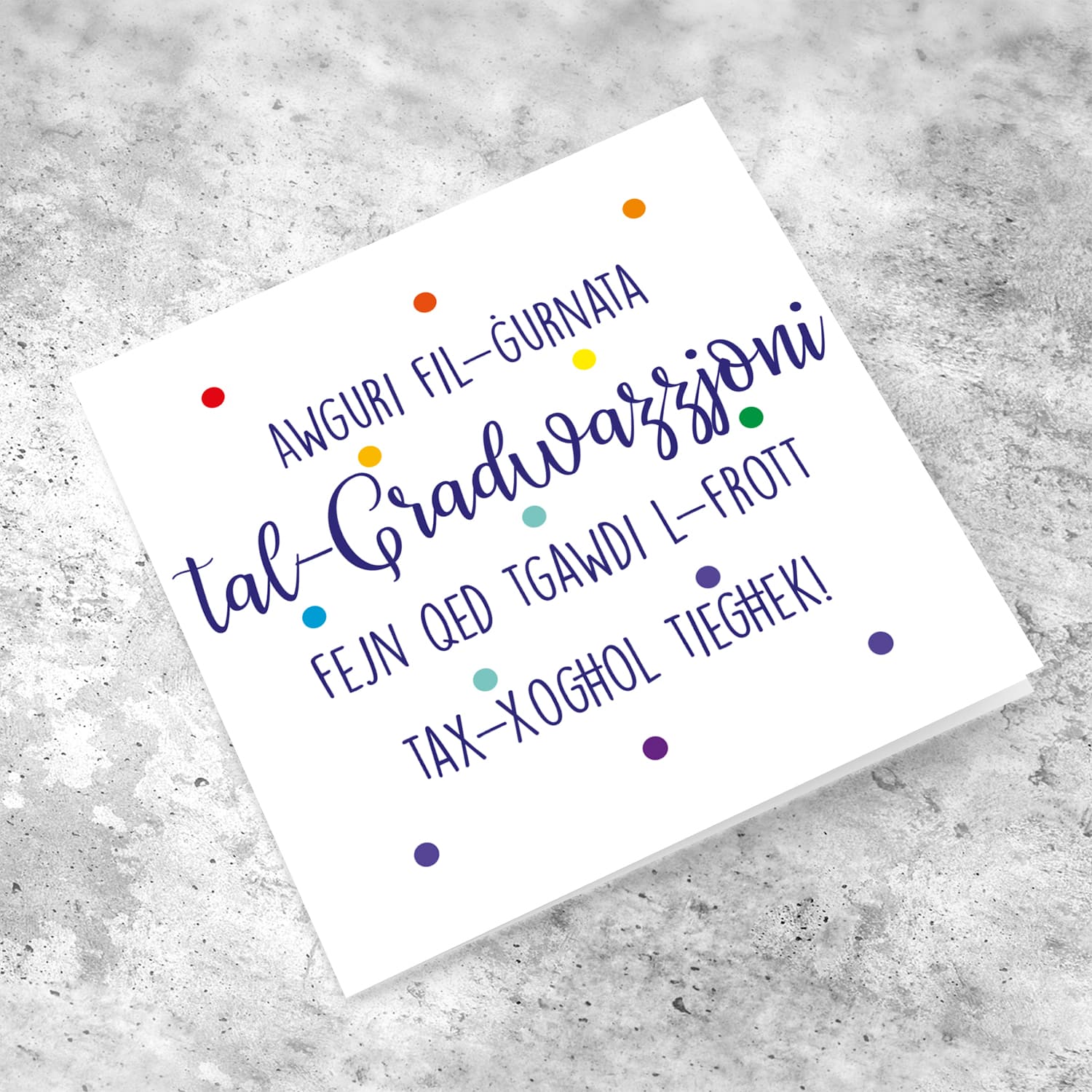 Colourful polka dot Graduation card (in blue text) in Maltese