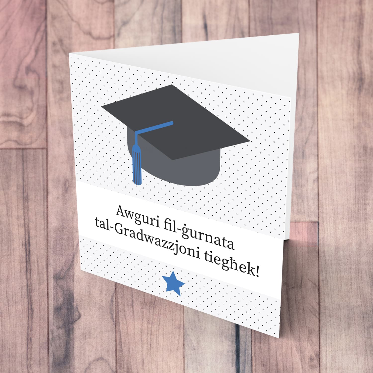 Graduation hat card with dotted background and blue star in Maltese