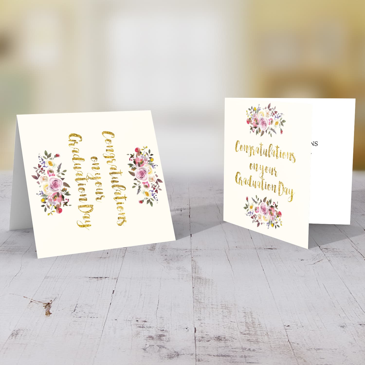 Golden glitter graduation card in English with florals