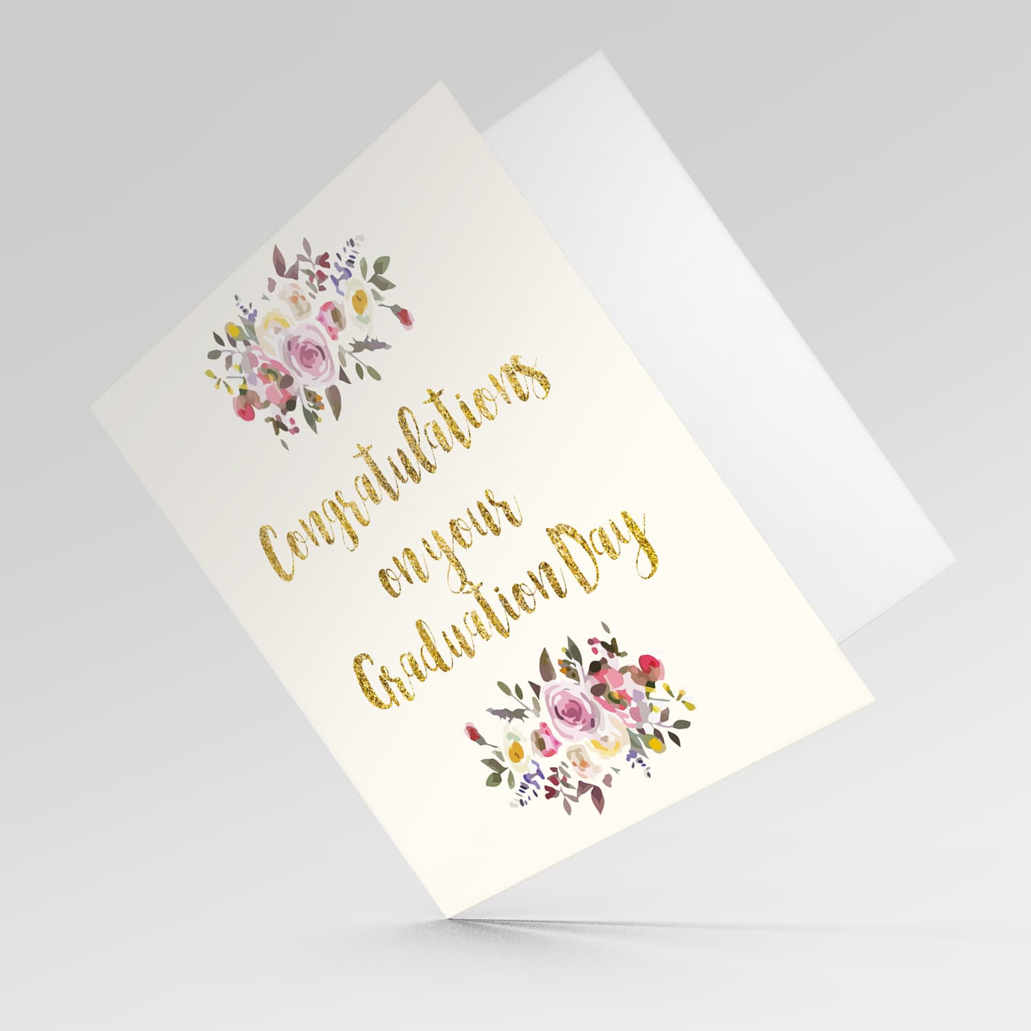 Golden glitter graduation card in English with florals