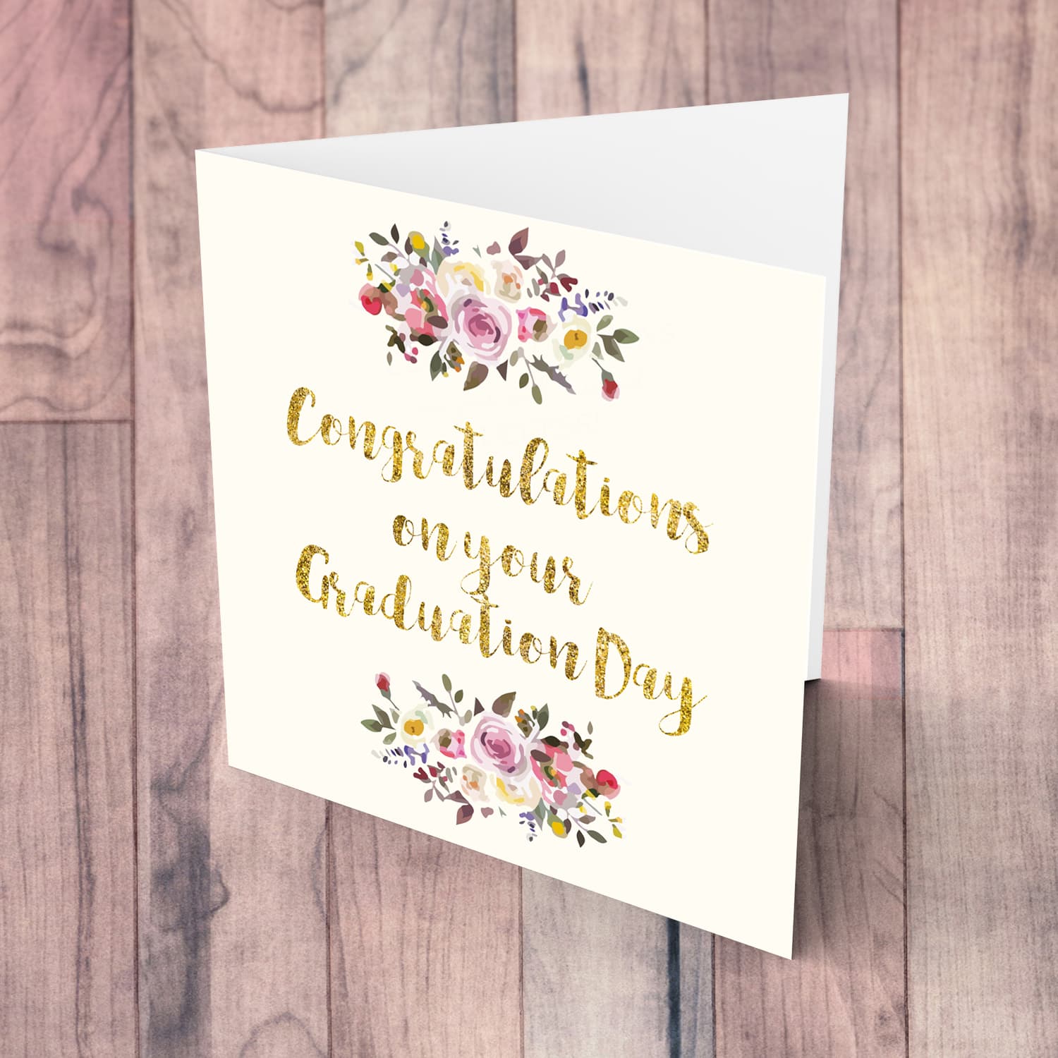 Golden glitter graduation card in English with florals