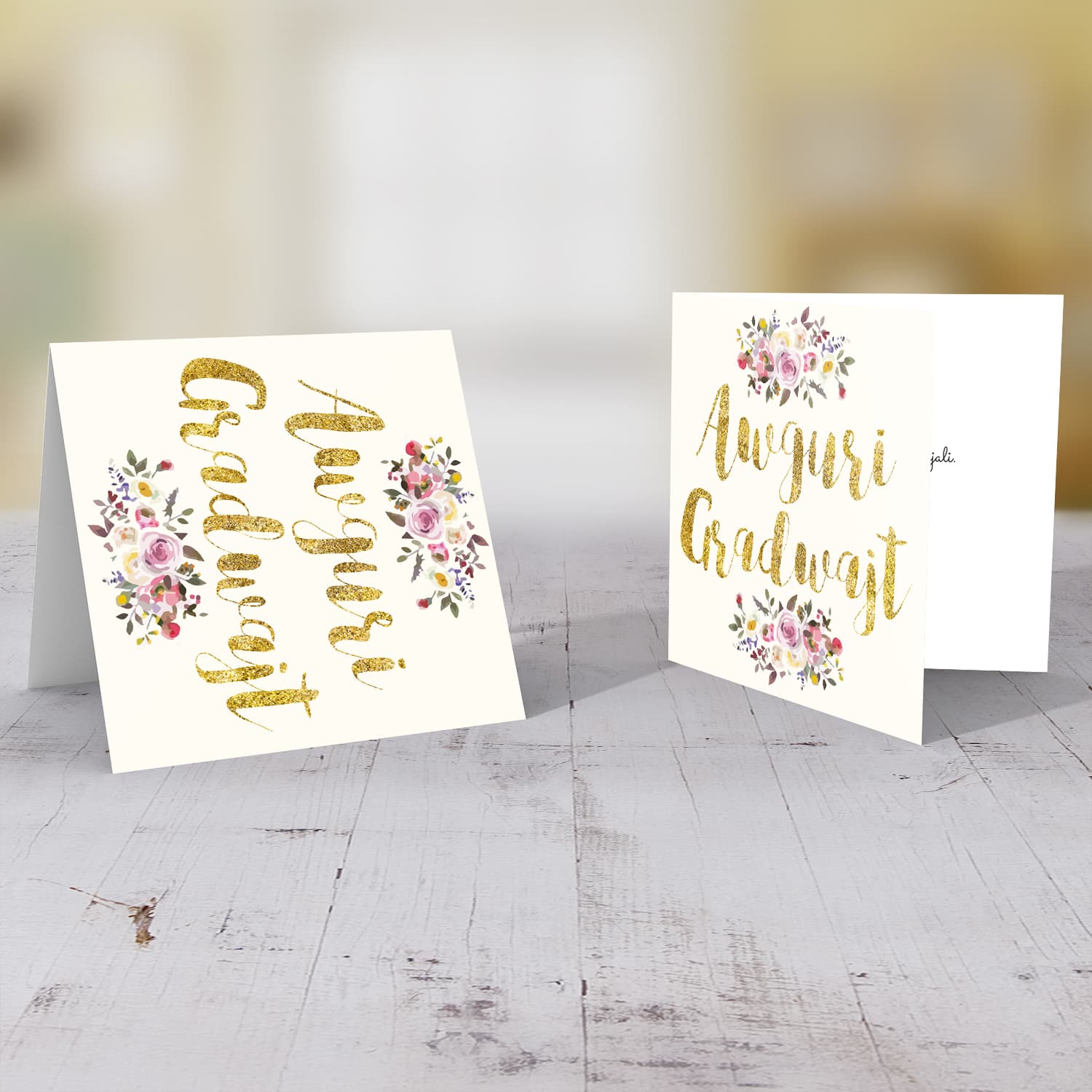Golden glitter graduation card with florals in Maltese
