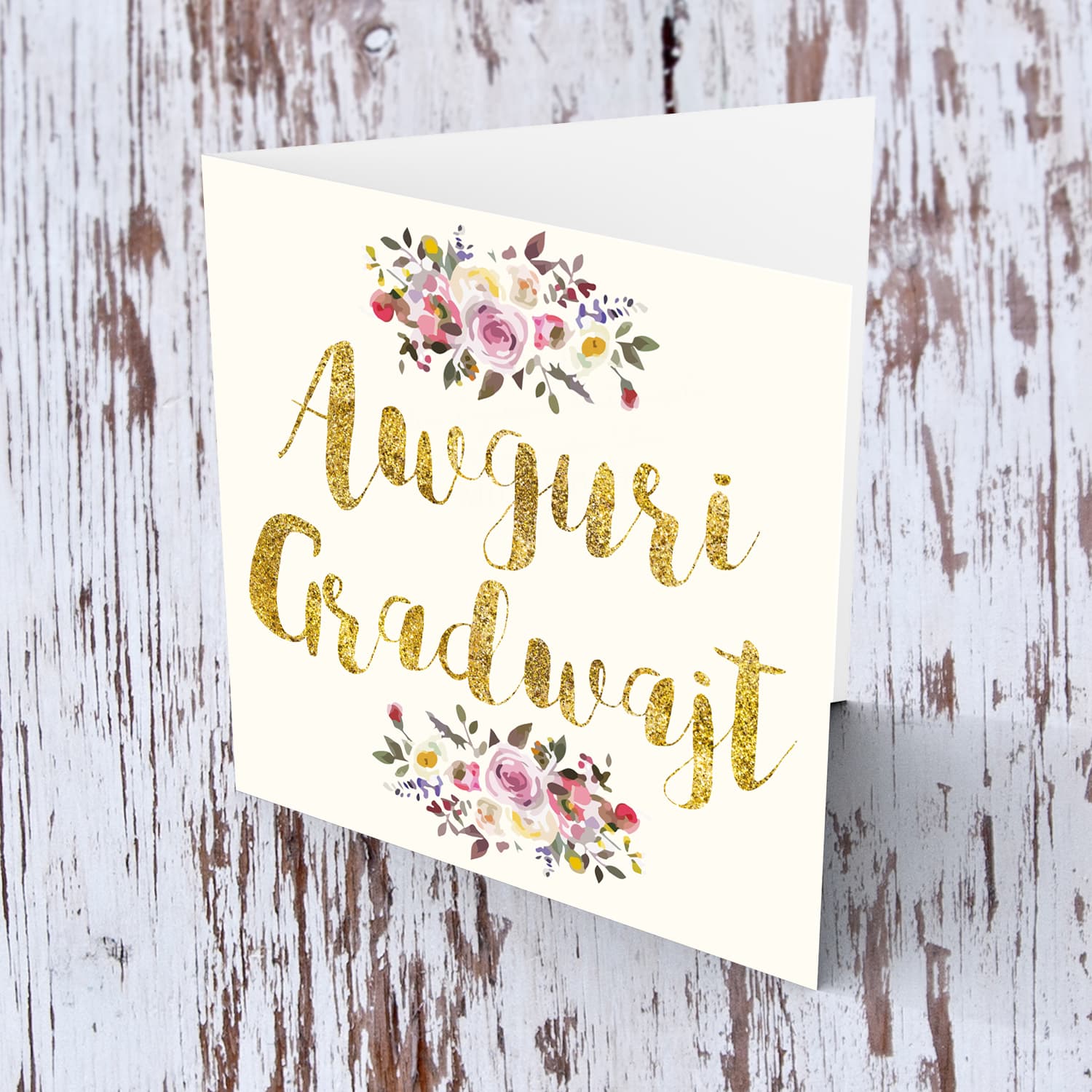 Golden glitter graduation card with florals in Maltese