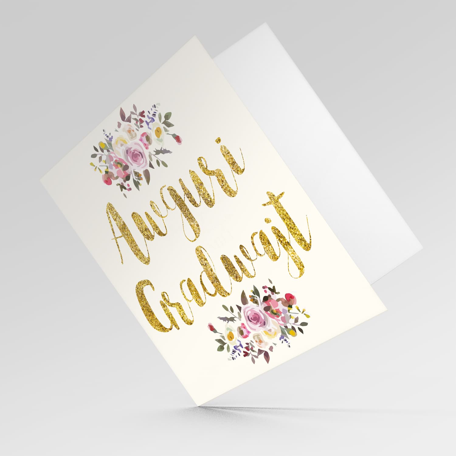 Golden glitter graduation card with florals in Maltese