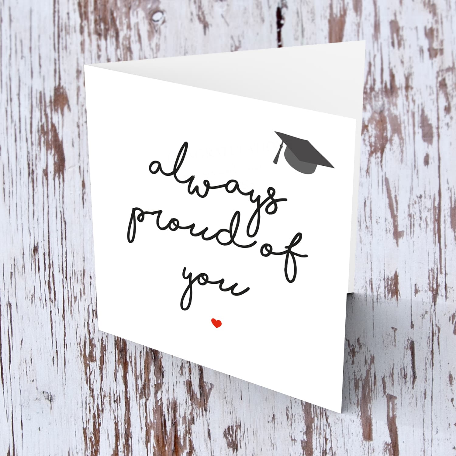 Minimalist Graduation Card with small graduation hat and red heart in English (unisex)