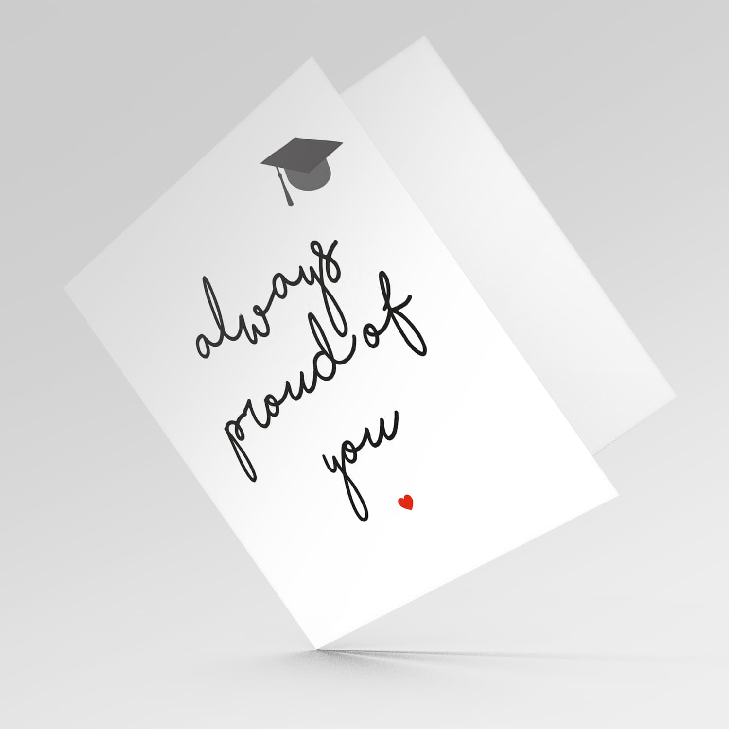 Minimalist Graduation Card with small graduation hat and red heart in English (unisex)