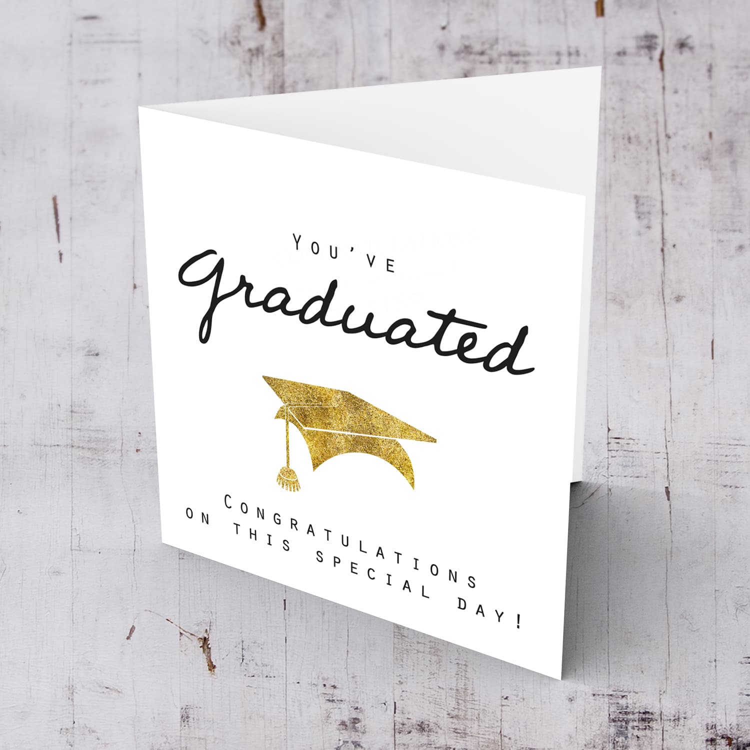 Minimalist Graduation card with golden glitter hat in English (unisex)