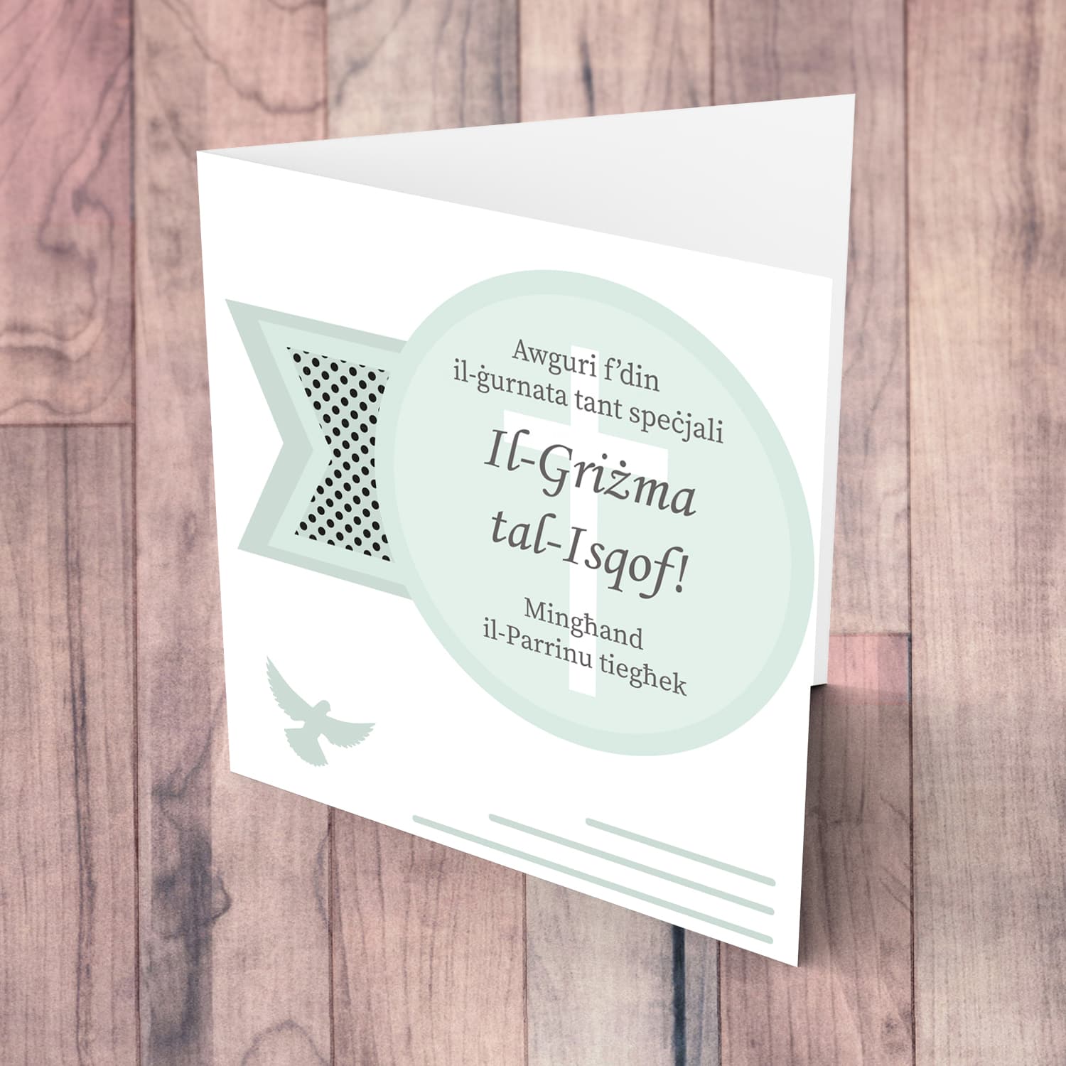 Confirmation card in pastel green tones, from the Sponsor/Godfather in Maltese