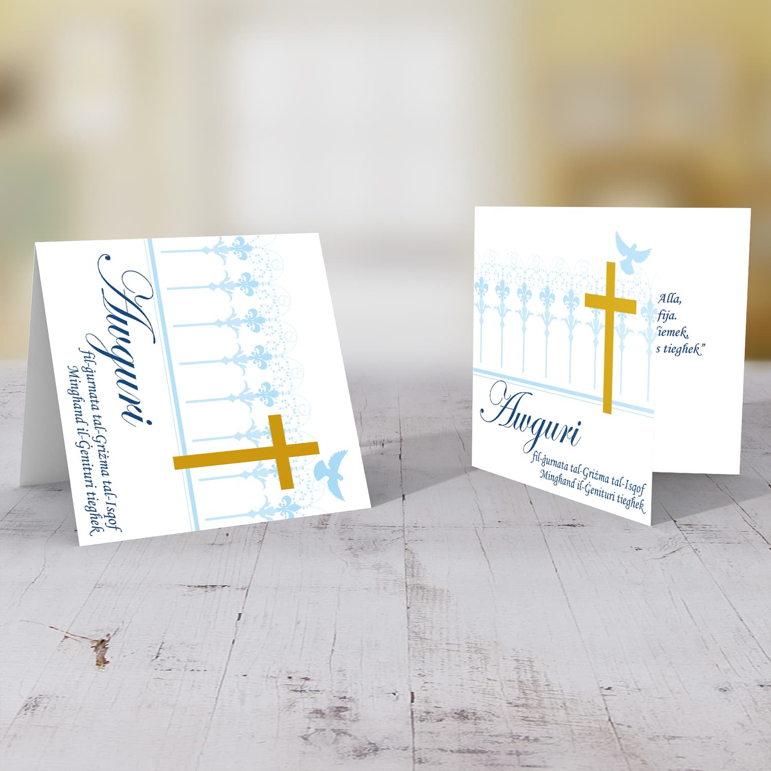 Gold cross with light blue background Confirmation card for boys from Parents