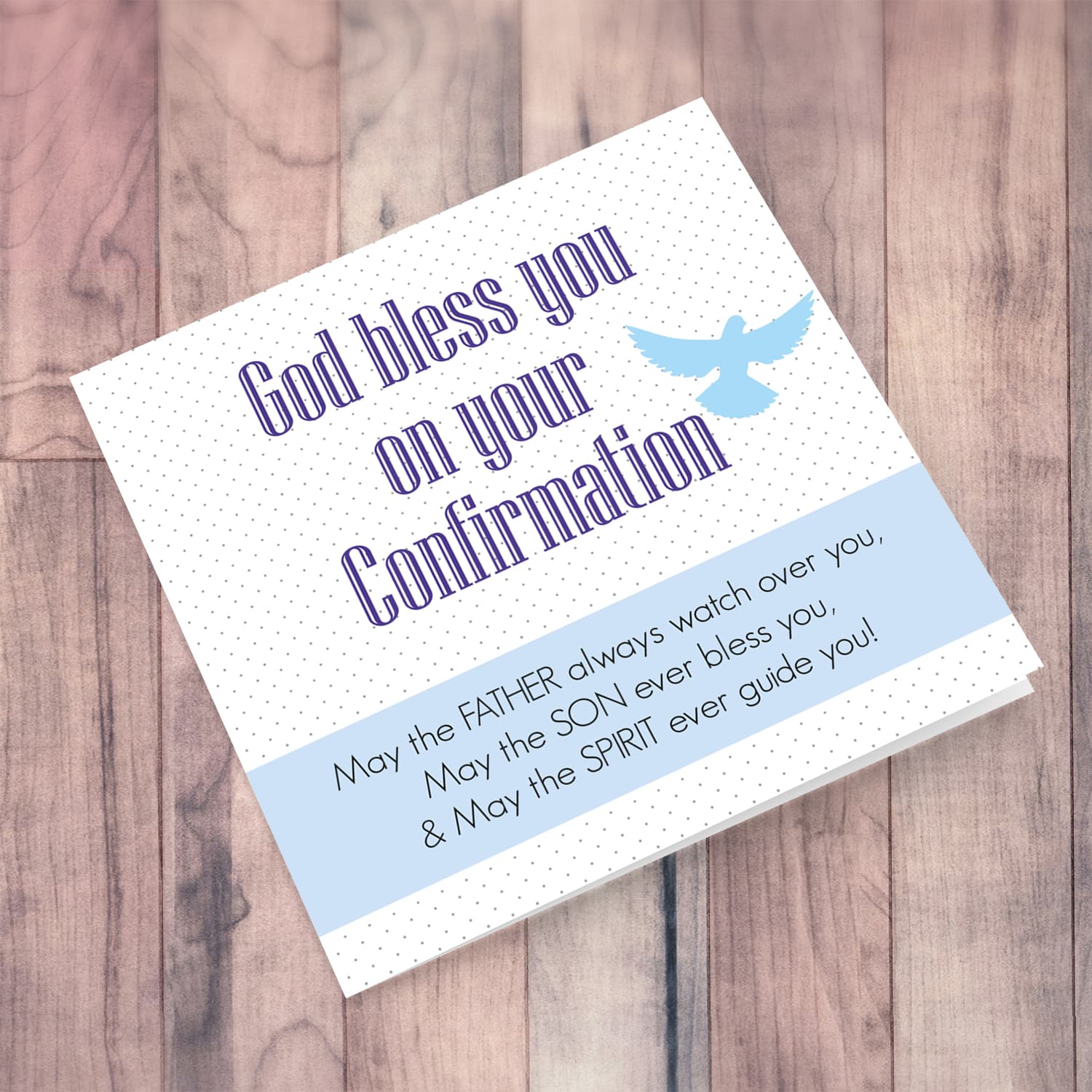 Spotted background Confirmation card in English with blue sash and holy spirit