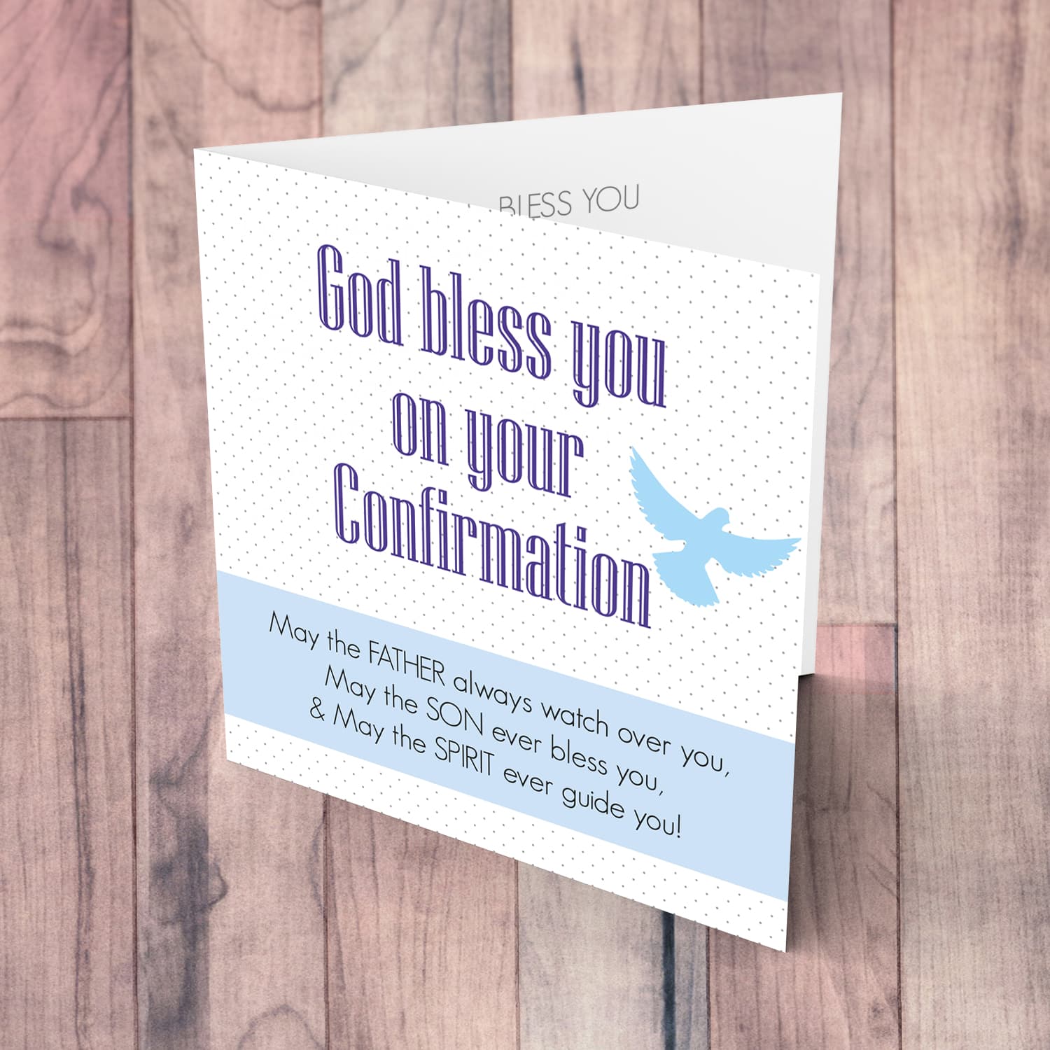 Spotted background Confirmation card in English with blue sash and holy spirit