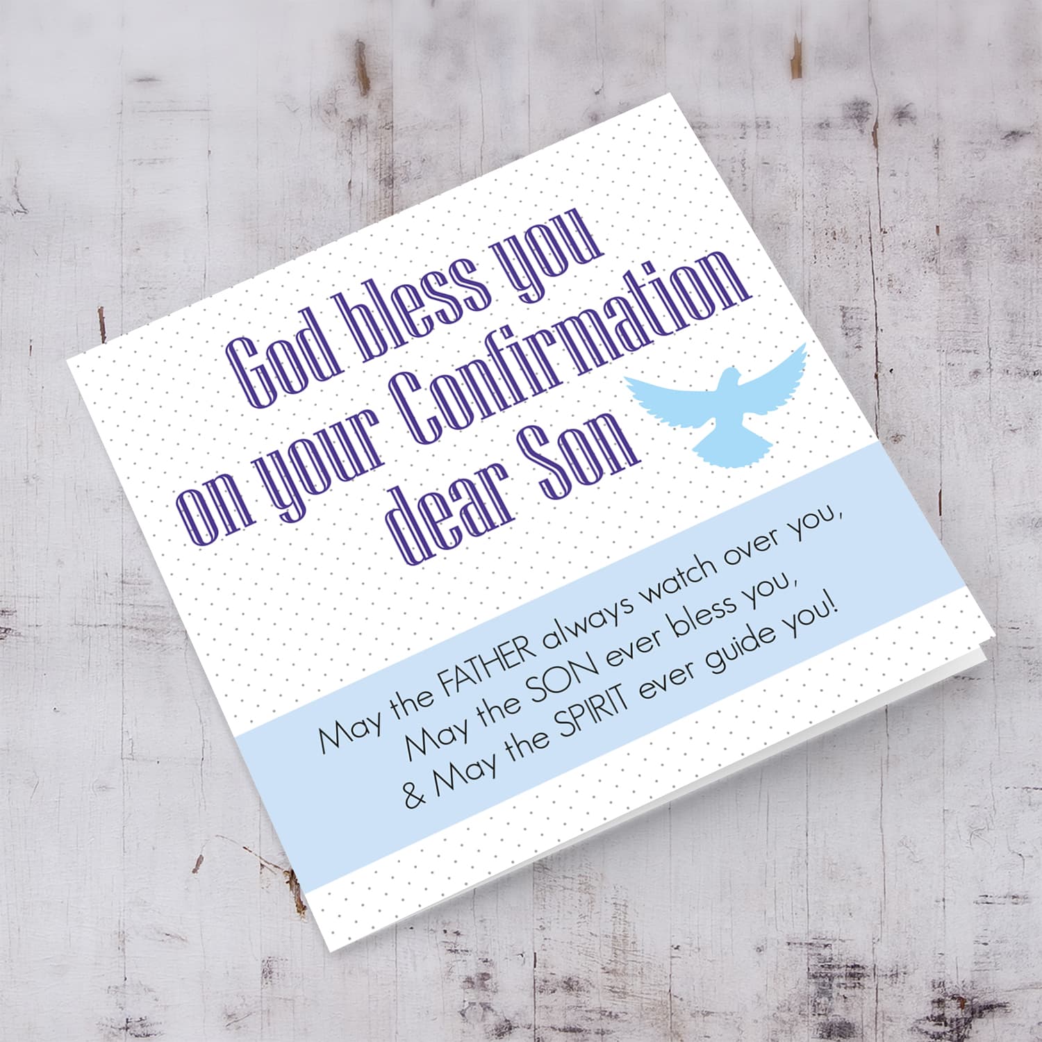 Spotted background Confirmation card with blue sash and holy spirit for son in English