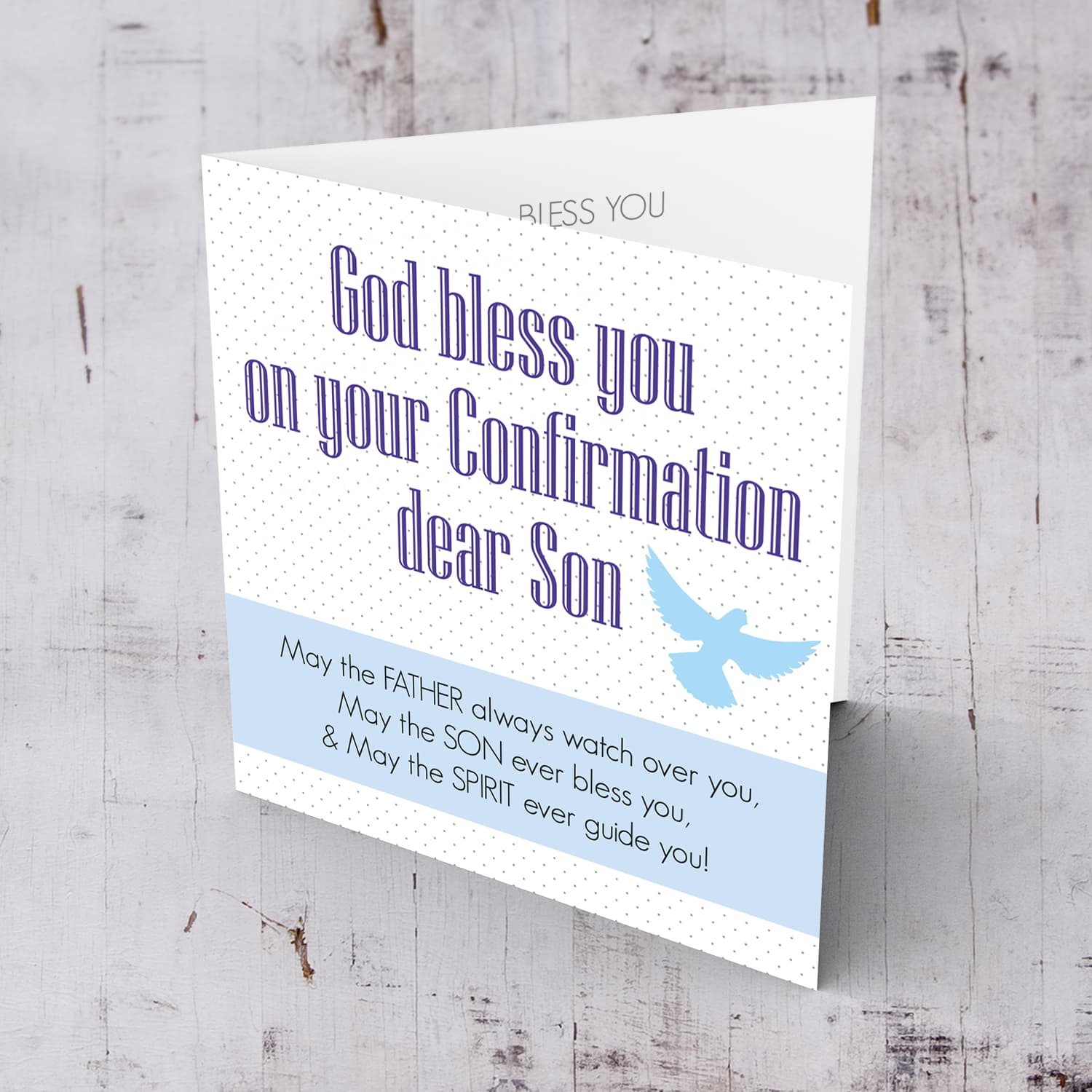 Spotted background Confirmation card with blue sash and holy spirit for son in English