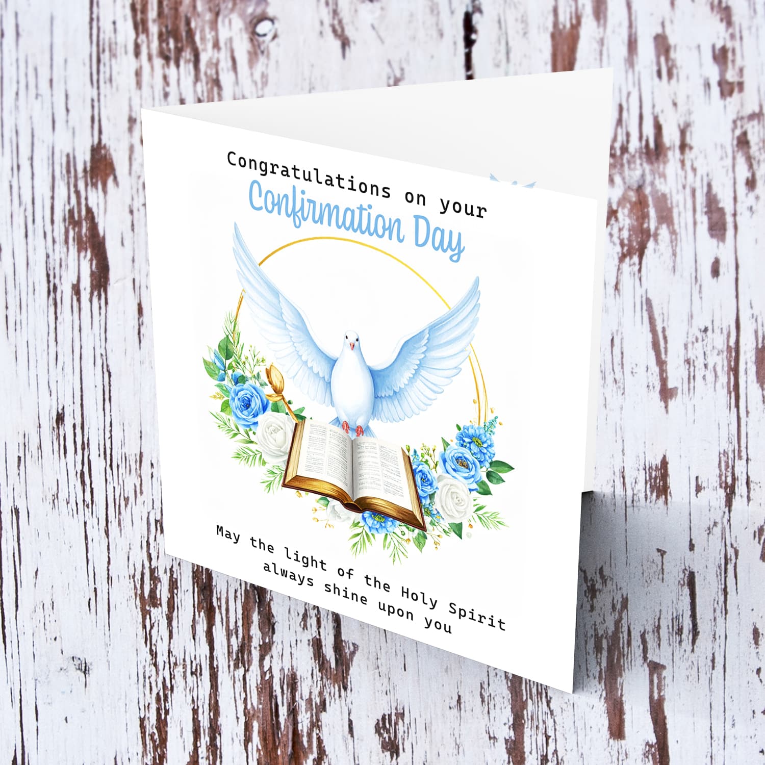 An open elegant Confirmation card for Boys featuring the Holy Spirit dove, an open Bible and beautiful blue and white flowers in English