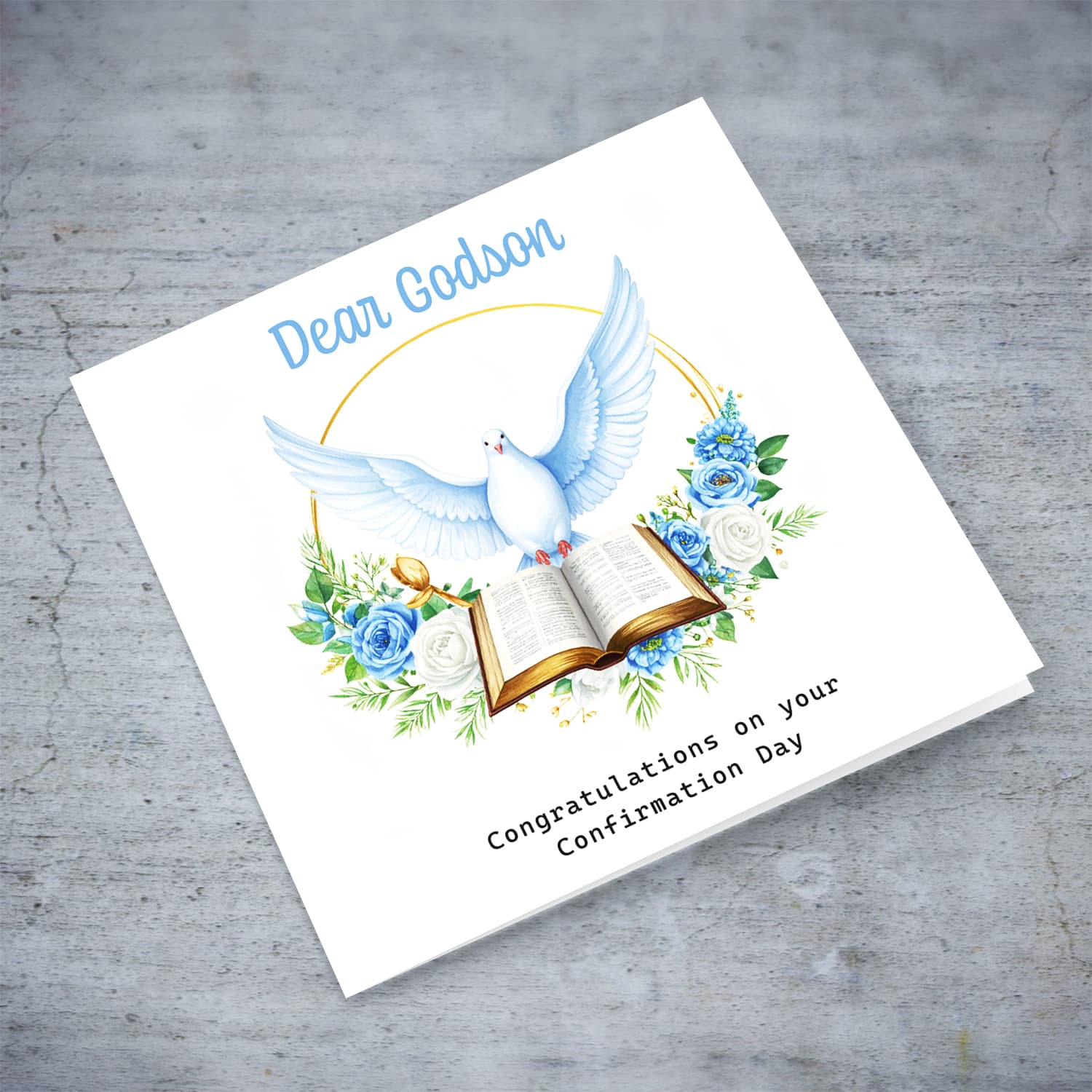 An elegant Confirmation card for Godson featuring the Holy Spirit dove, an open Bible and beautiful blue and white flowers in English