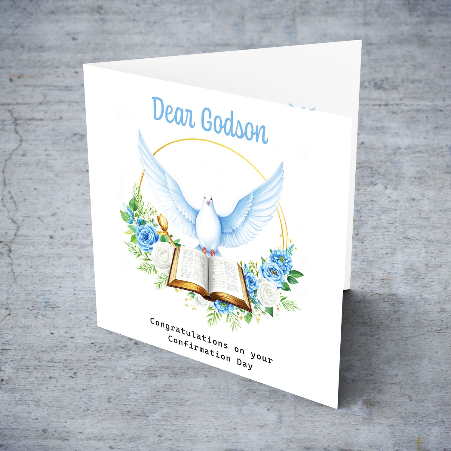 An elegant Confirmation card for Godson featuring the Holy Spirit dove, an open Bible and beautiful blue and white flowers in English