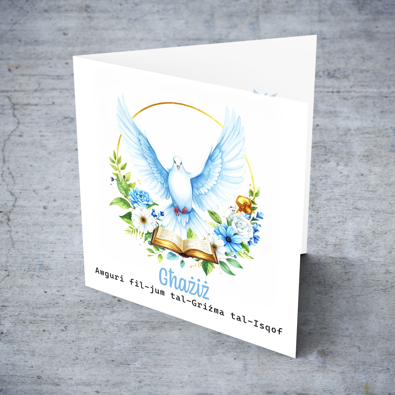 An open Confirmation card for Boys featuring the Holy Spirit dove, an open Bible and beautiful pink and white flowers in Maltese