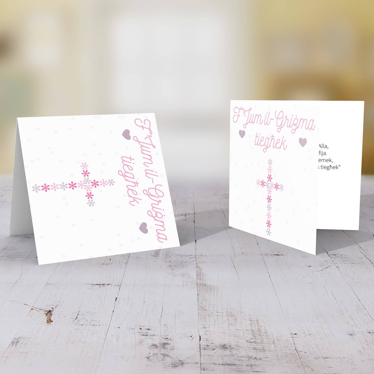 Floral cross (in pink and purple) confirmation card in Maltese for girls 