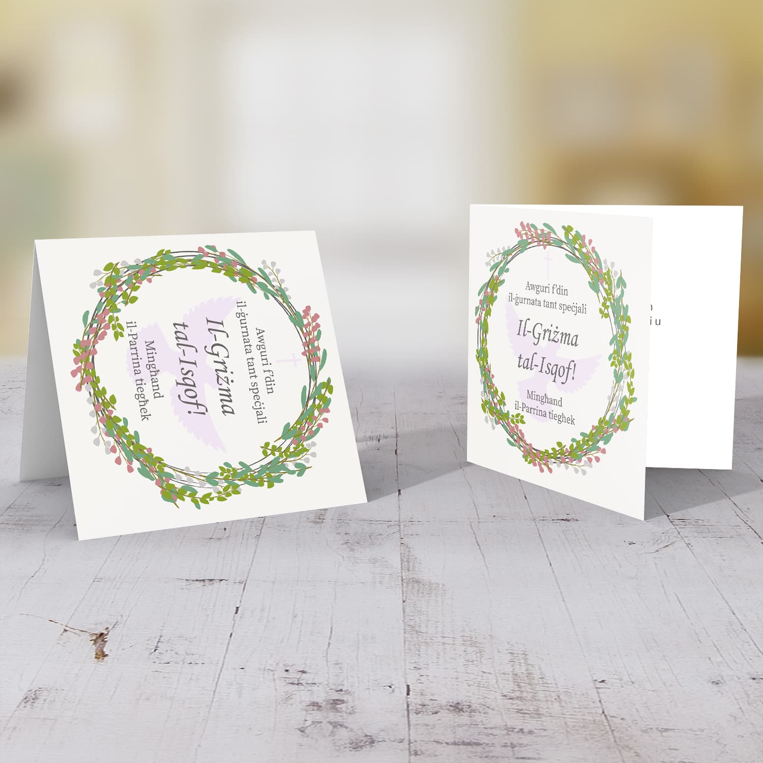 Wreath themed confirmation card in Maltese from The Sponsor
