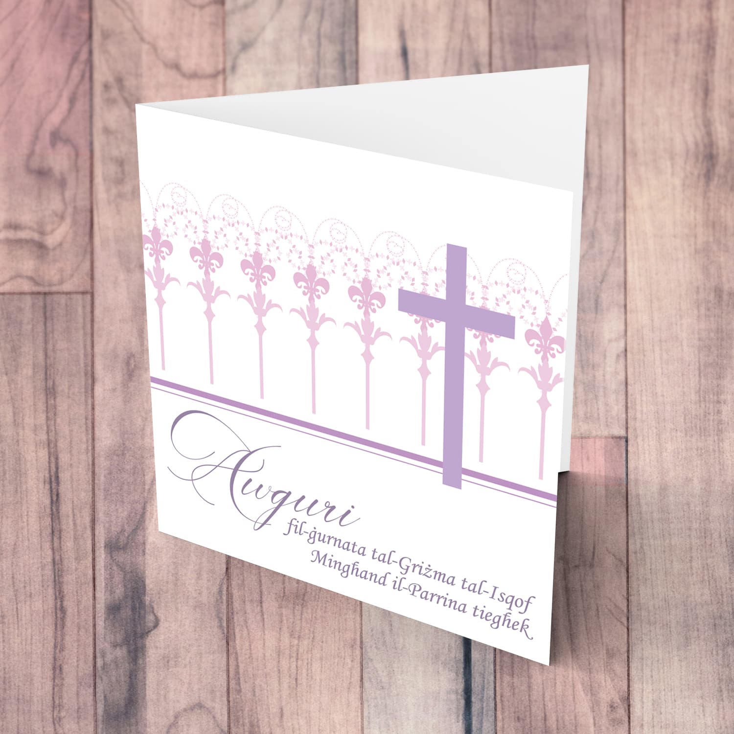 Confirmation card with purple cross from Sponsor / Parrina in Maltese