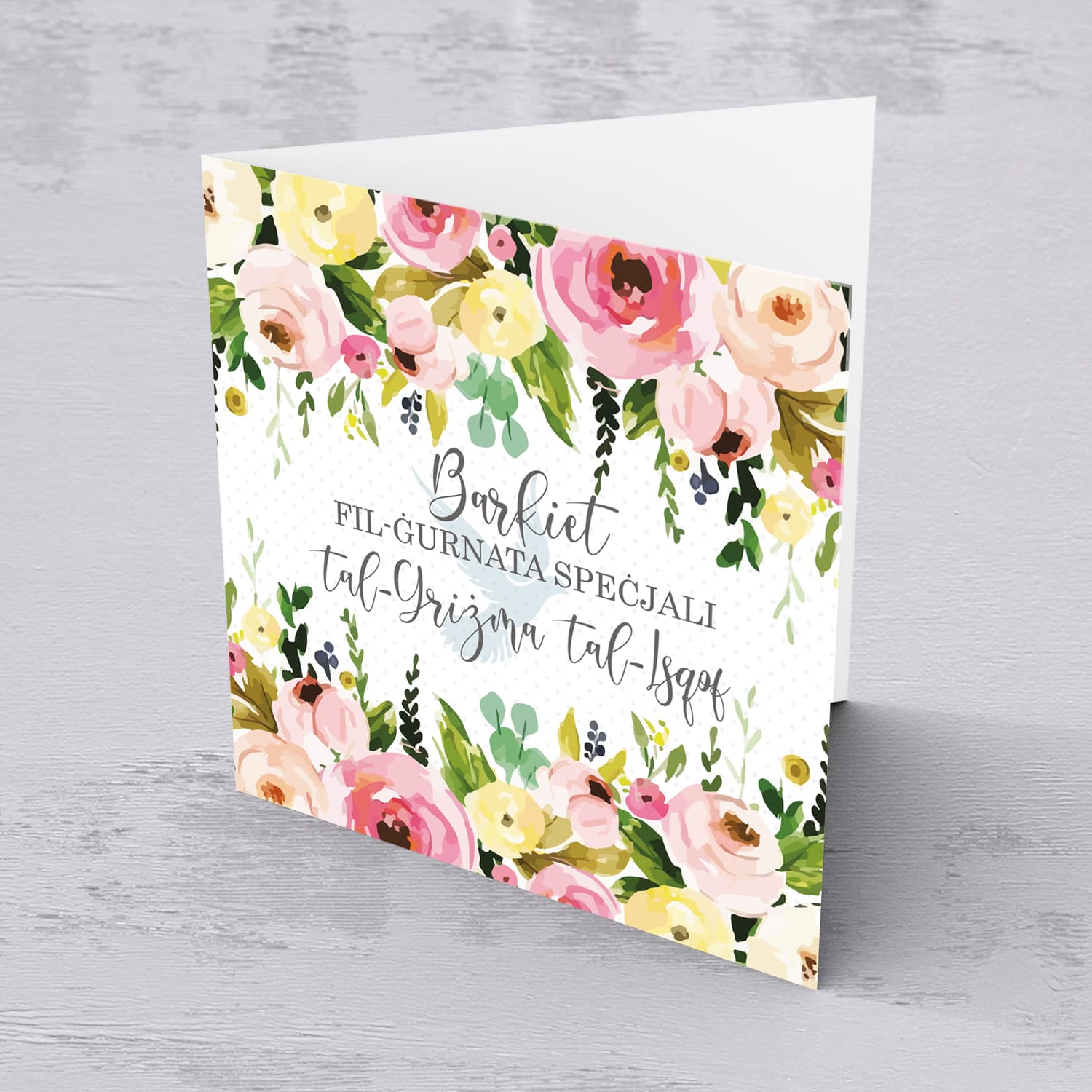 Floral themed confirmation card with Holy Spirit in Maltese for girls