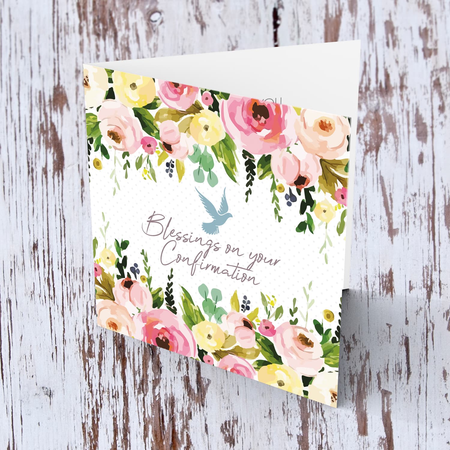 Floral themed confirmation card with Holy Ghost for girls in English 