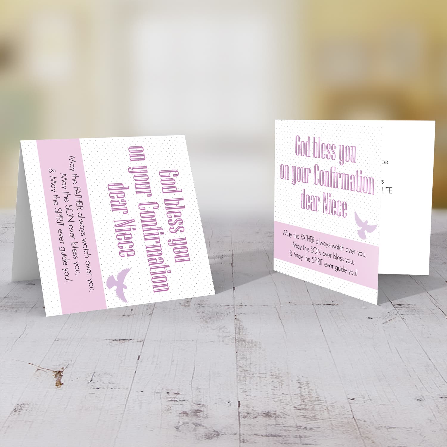 Spotted background Confirmation card in English with pink  sash and holy spirit for niece