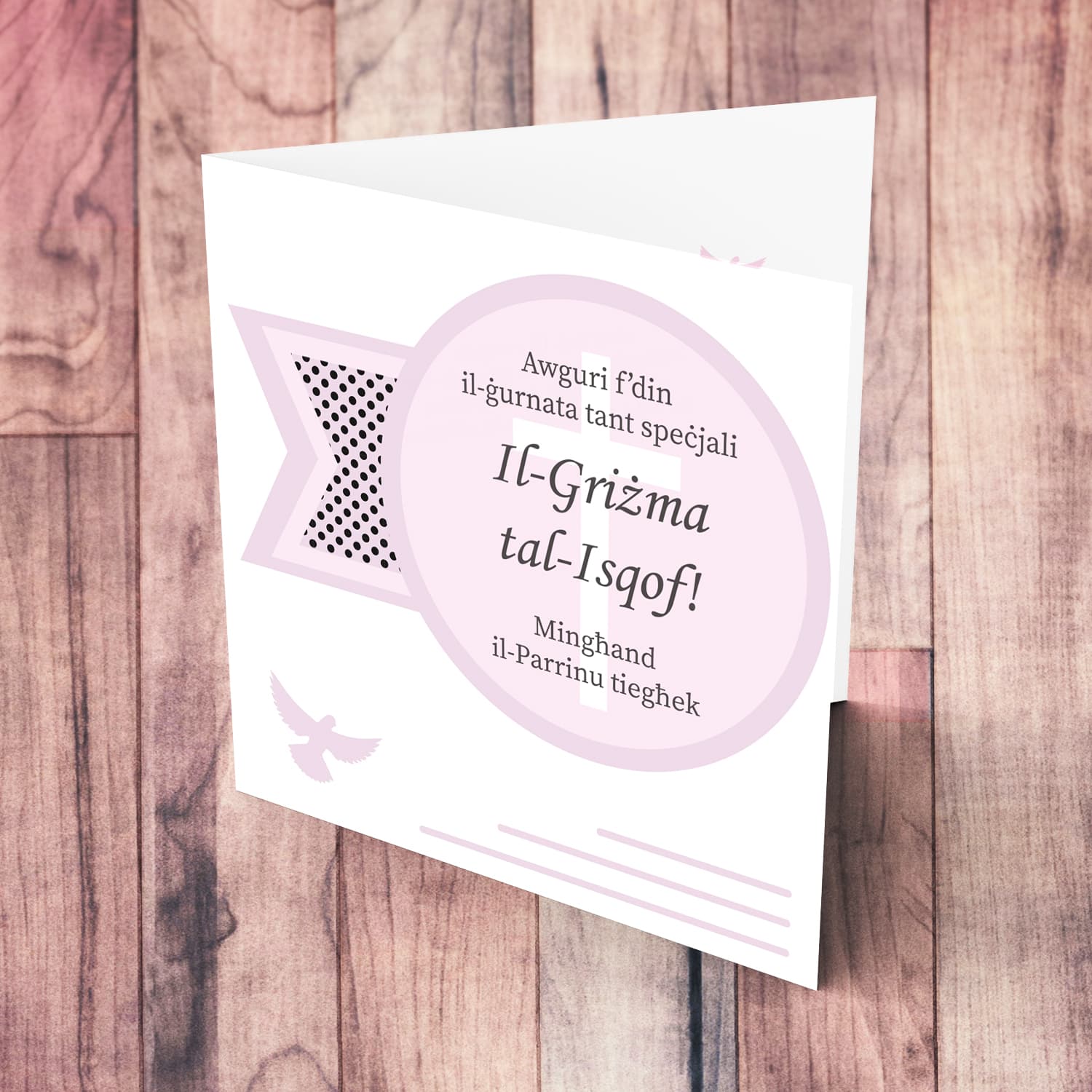 A cute Confirmation card for Goddaughter in pink tones, featuring the holy spirit in Maltese
