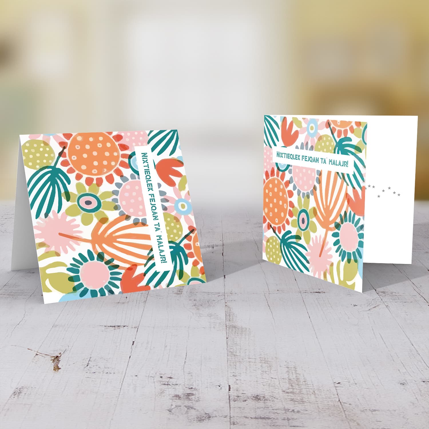 Colourful floral background get well soon card in Maltese!