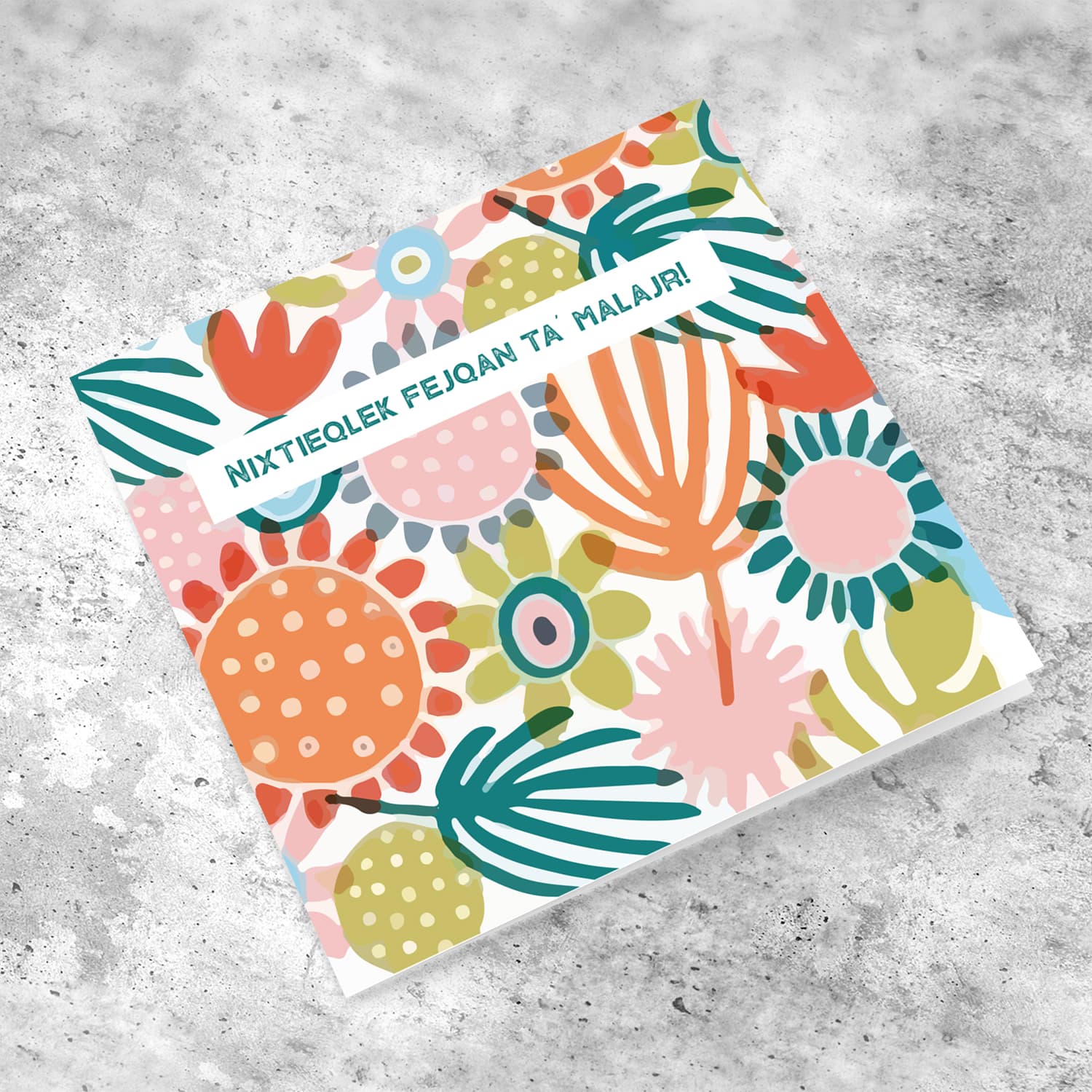 Colourful floral background get well soon card in Maltese!