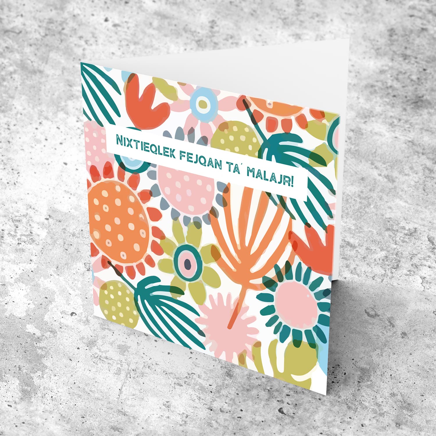 Colourful floral background get well soon card in Maltese!