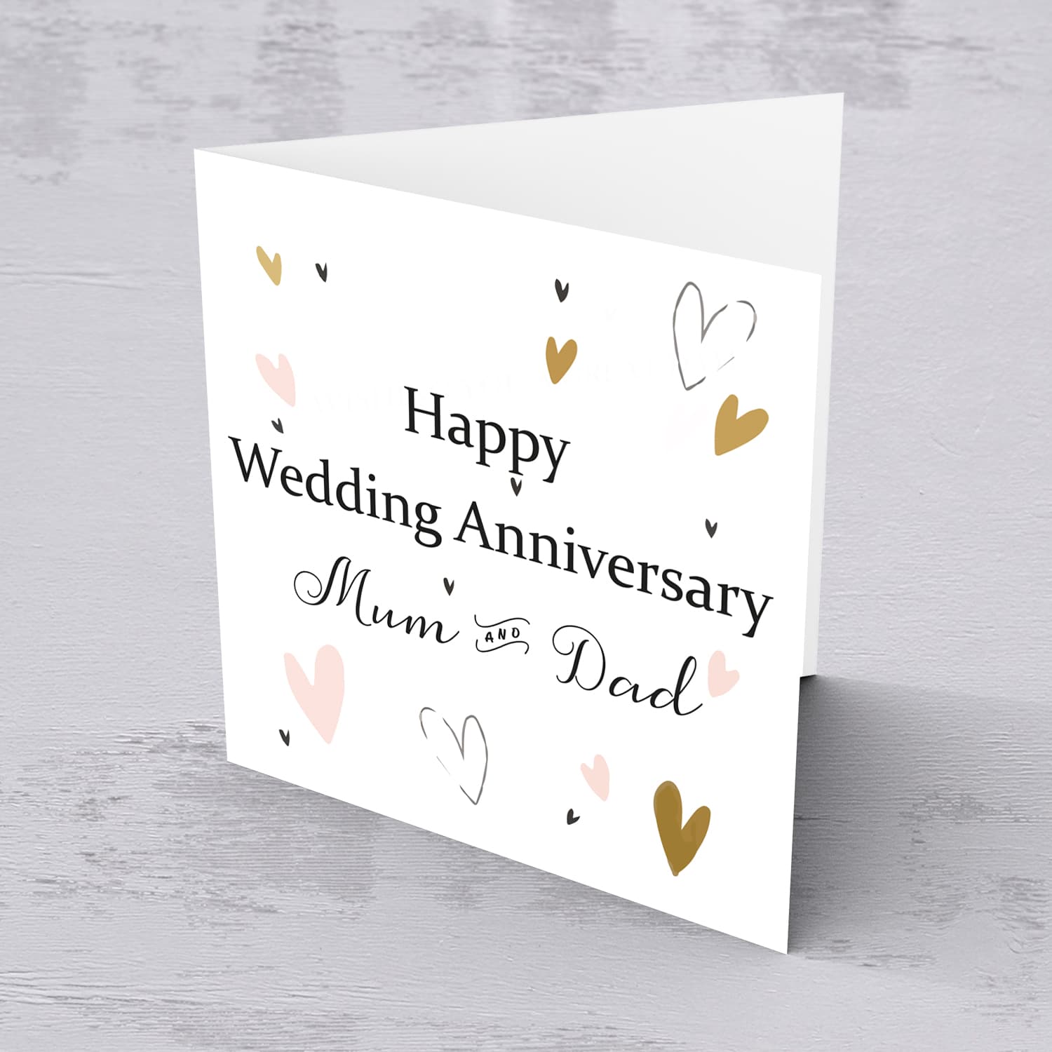 Light pink and gold hearts anniversary cards for Parents