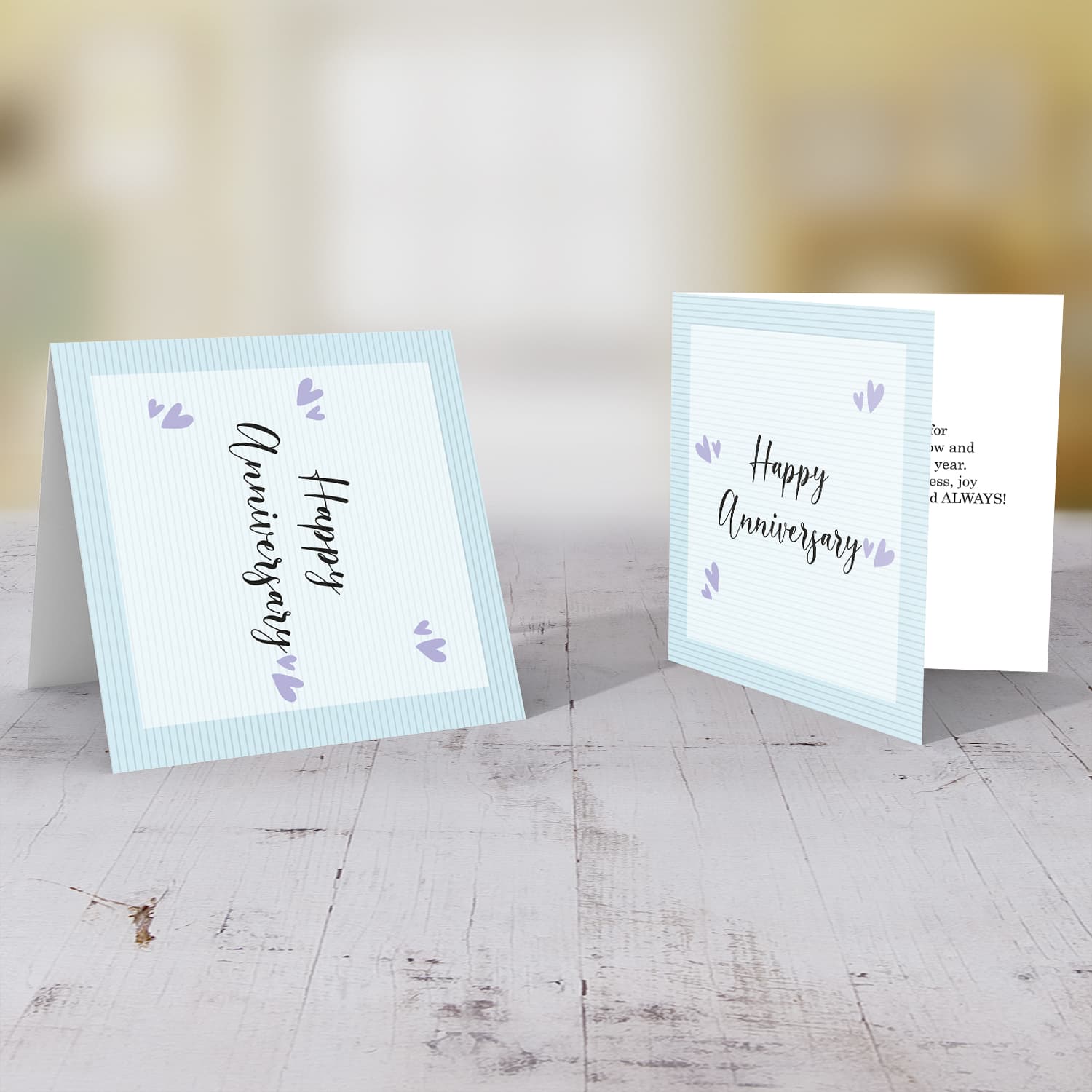 Light blue background with stripes Anniversary card in English