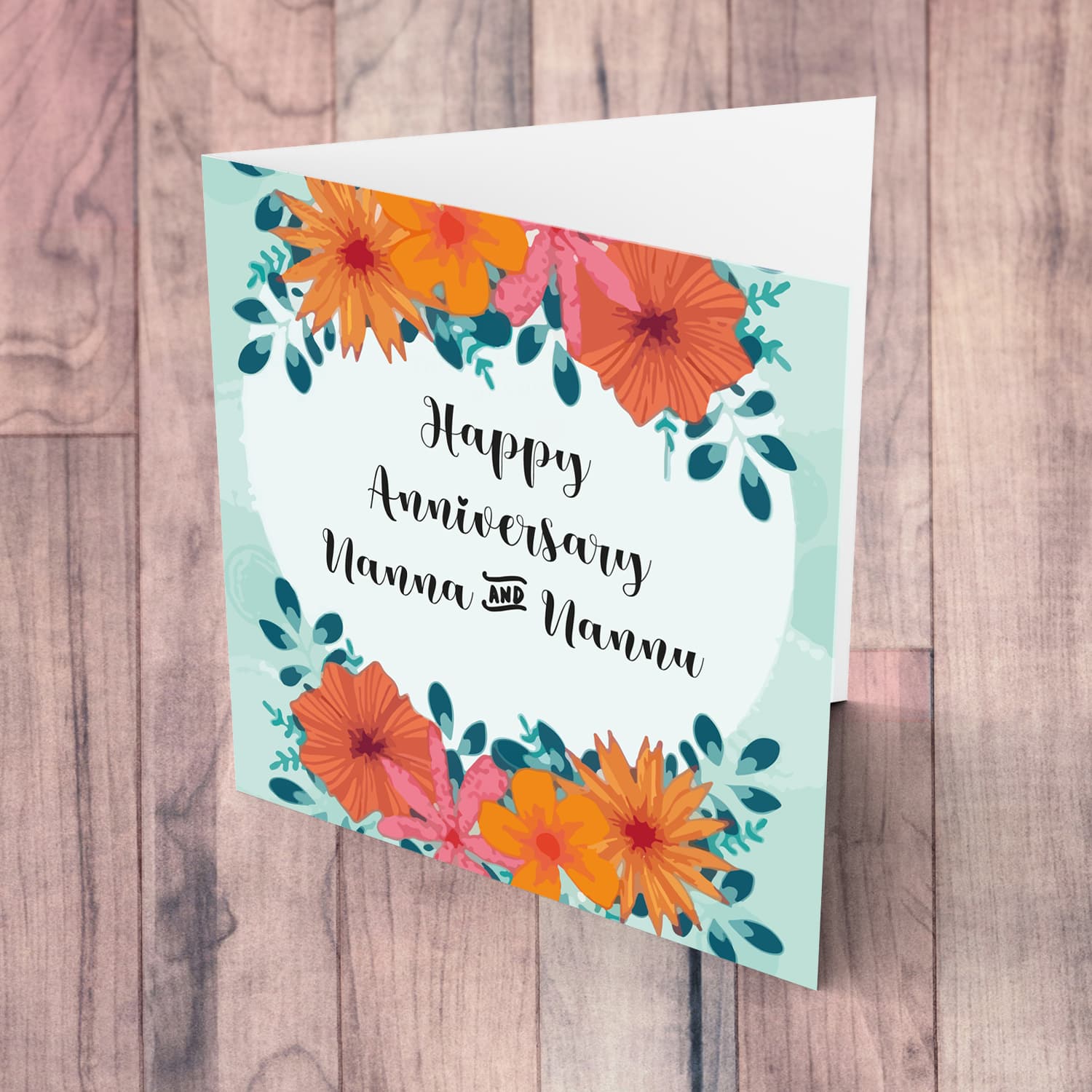 Orange flowers with pastel green background Anniversary card to Nanna and Nannu