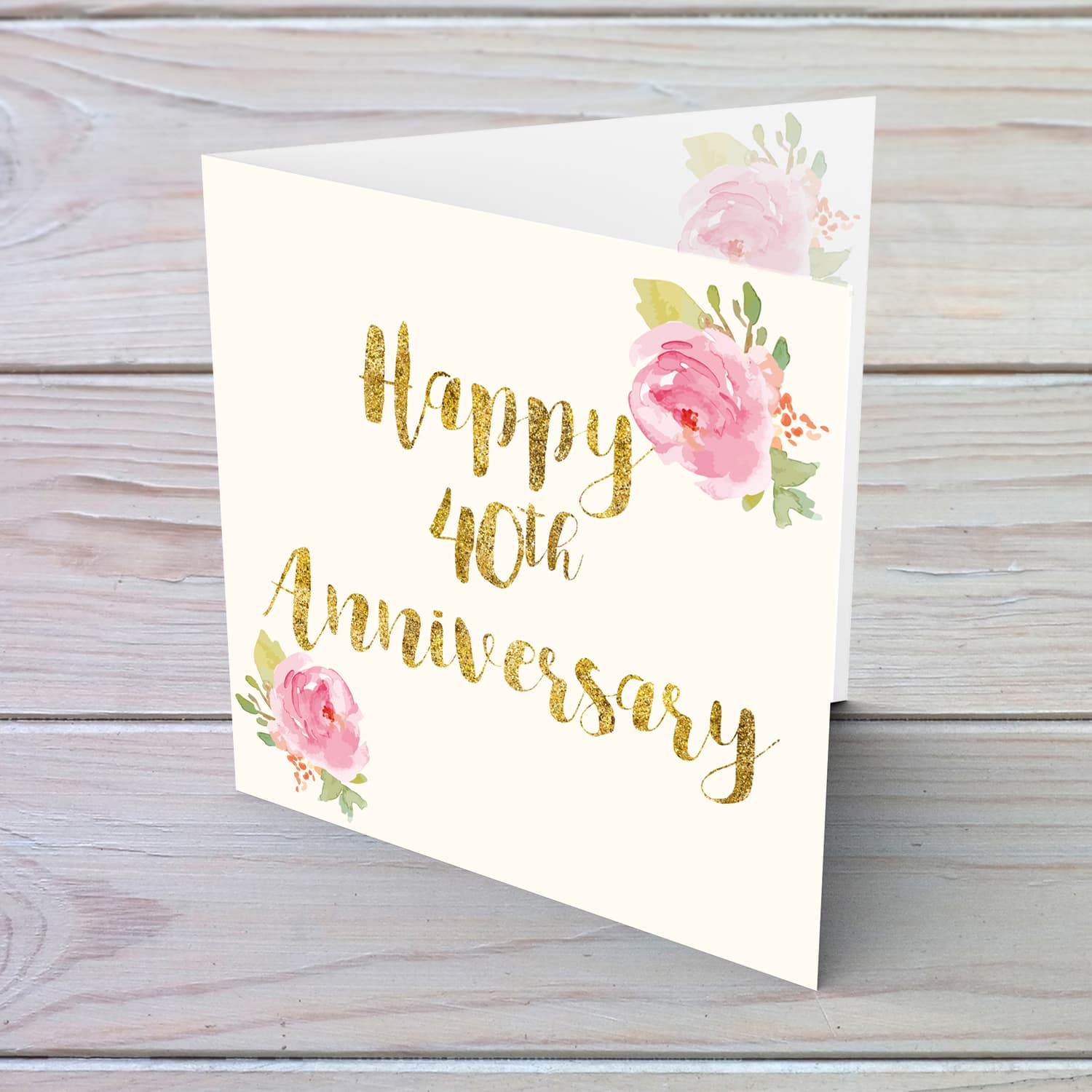 40th Anniversary golden glitter card  with pink rose floral rose in English 