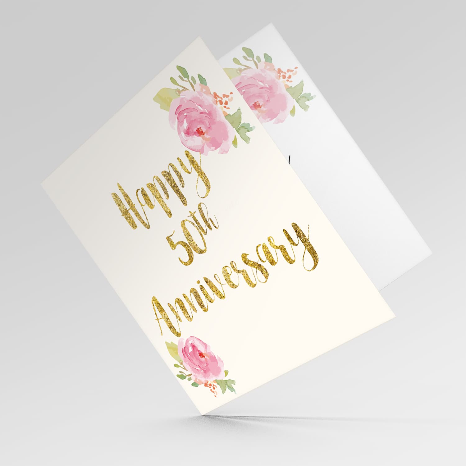 50th Anniversary golden glitter card  with pink rose floral rose in English
