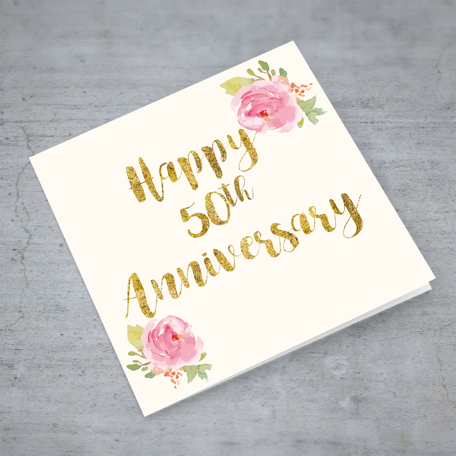 50th Anniversary golden glitter card  with pink rose floral rose in English
